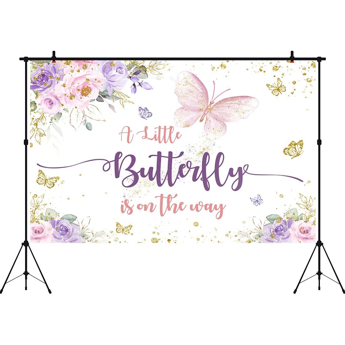Aperturee 5X3Ft Butterfly Baby Shower Backdrop A Little Butterfly Is On The Way Photo Purple And Pink Floral Gold Spots Flowers