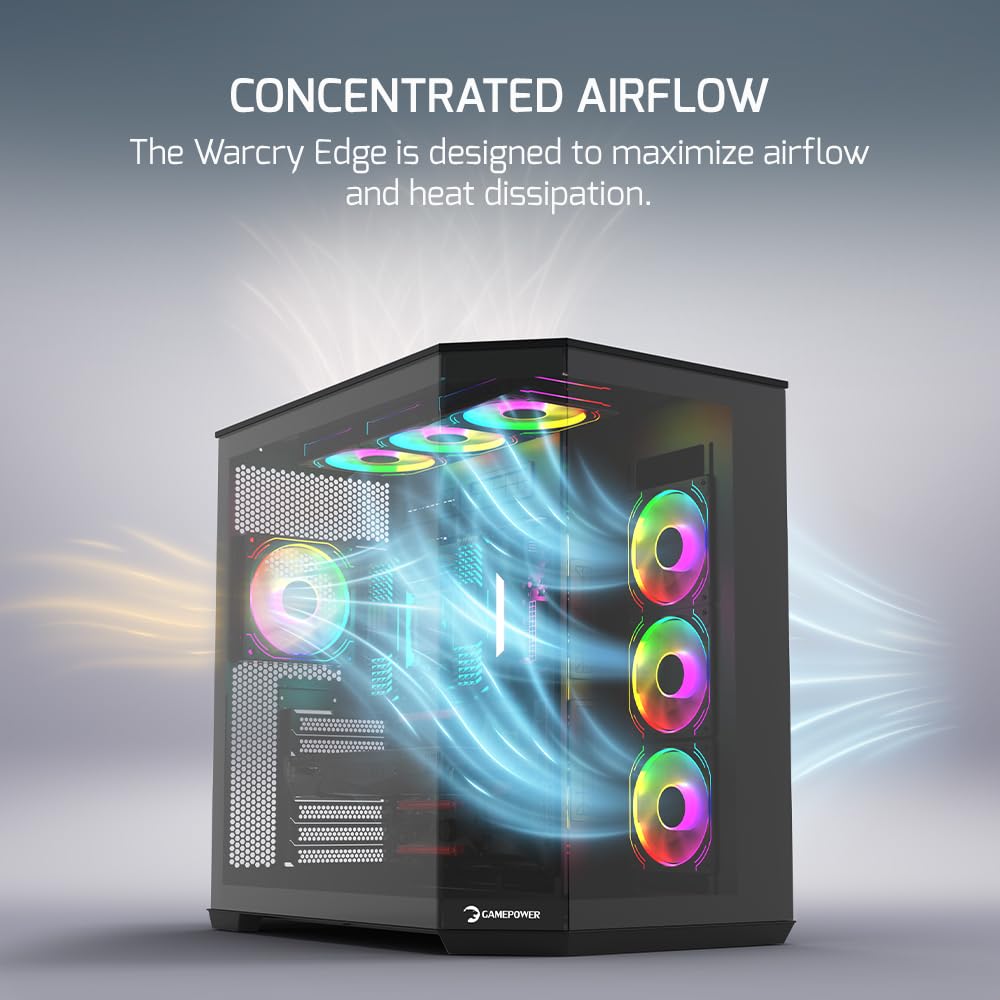 Gamepower Warcry Edge Mid Tower Atx Gaming Pc Case, Elegant Design, Dual Compartment Tempered Glass, Includes 1X Pwm Fan, Type C