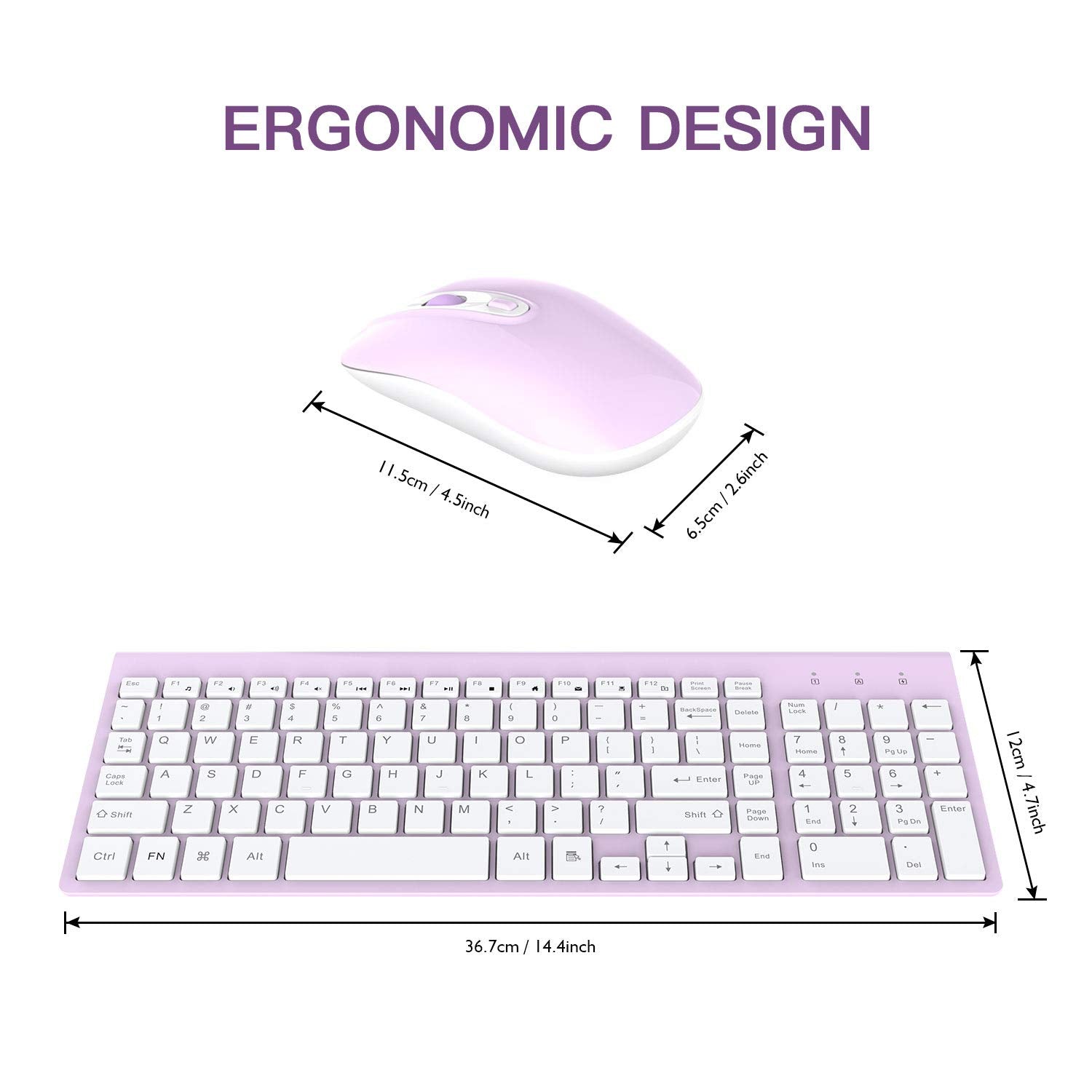Cimetech Wireless Keyboard And Mouse Combo, Compact Full Size Purple Wireless Computer Keyboard And Mouse Set 2.4G Ultra Thin Sl