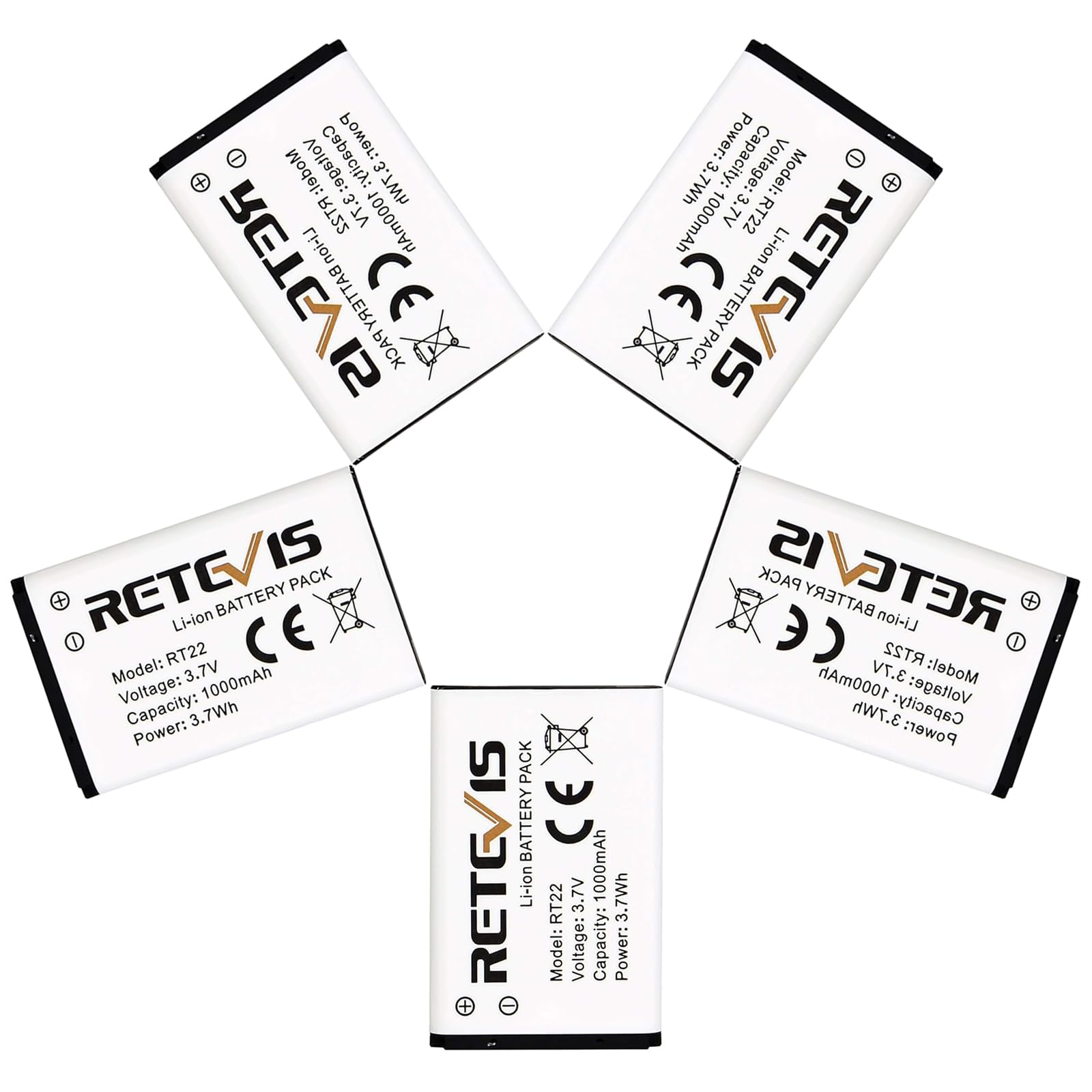 Retevis Rt22 Rt22S Rt15 Rt19 Walkie Talkies Battery Original 3.7V Li Ion Battery 1000Mah Compatible Rt22 Rt22S Rt15 Rt19 Wln Kd C1 Walkie Talkies (5 Pack)