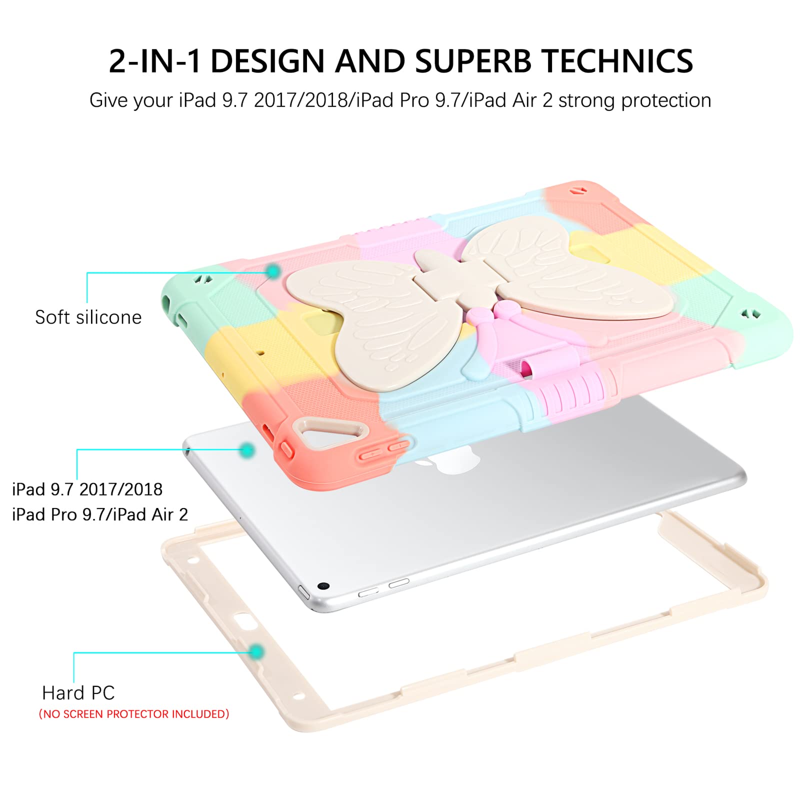 Guagua Compatible For Ipad Air 2, Ipad 6Th/5Th Gen, Ipad Pro 9.7 Case With Kickstand, 2 In 1 Rugged Shockproof Anti Scratch Tabl