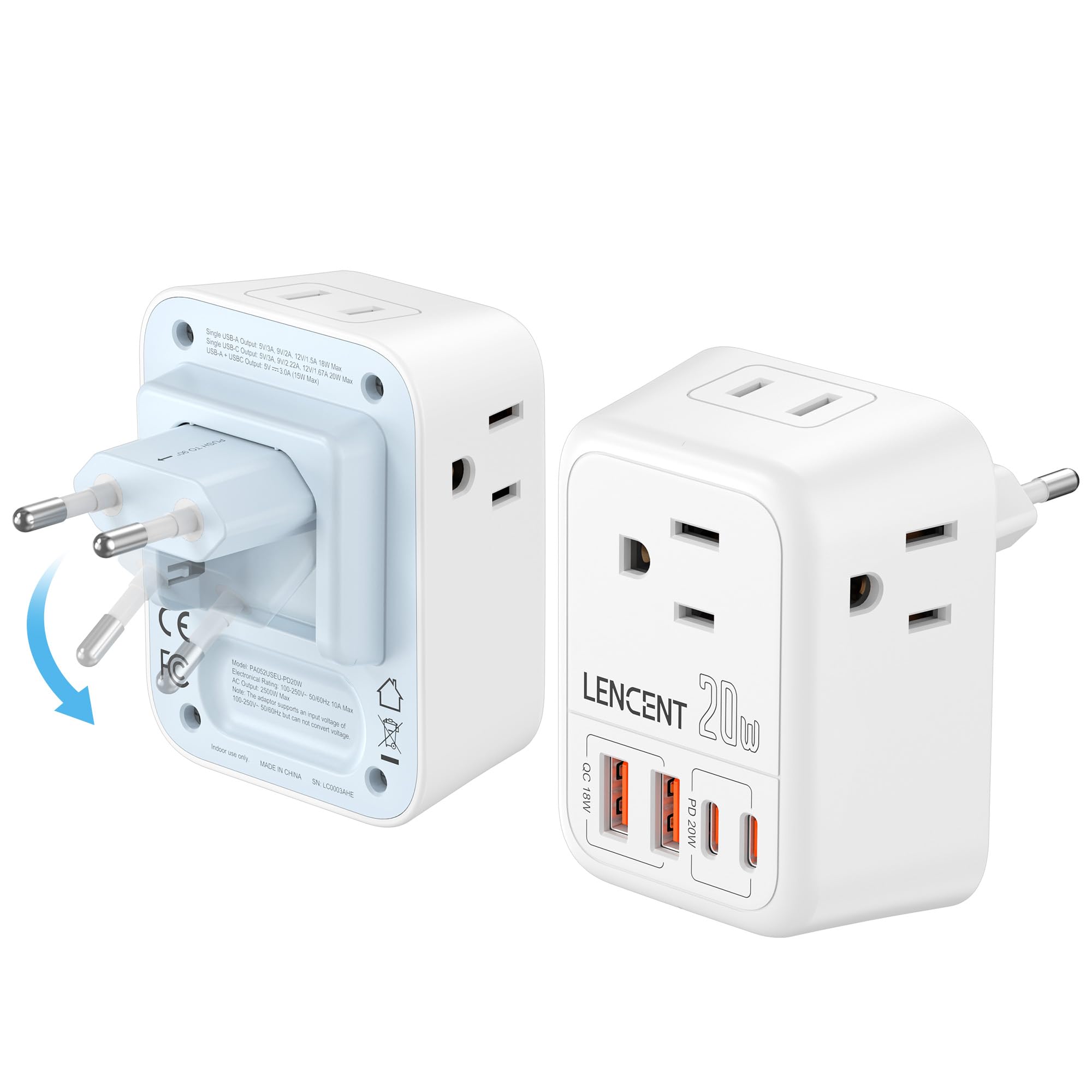 Lencent Foldable European Travel Plug Adapter, Pd 20W Type C Power Adaptor With 4 Outlet, Usb Fast Charger Adapter, Travel Essen