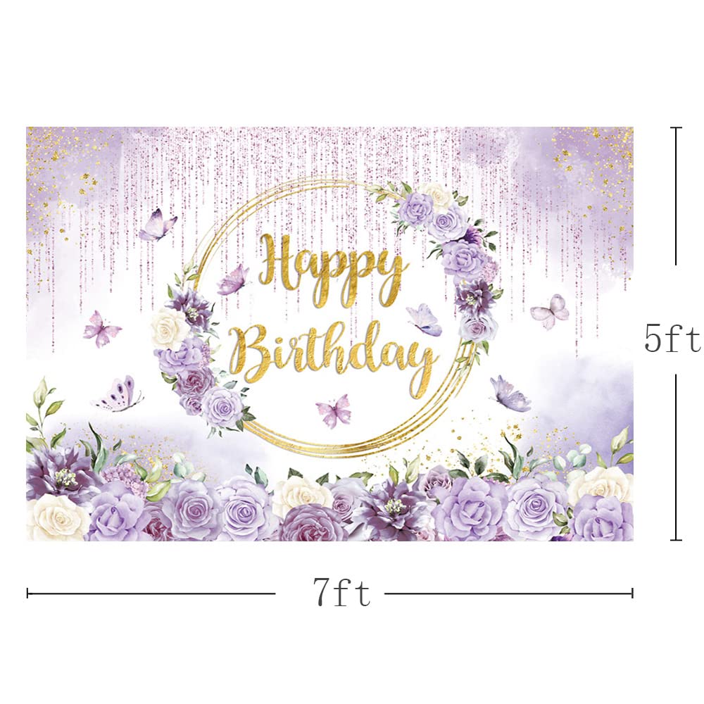 Mehofond 7X5Ft Spring Purple Floral Happy Birthday Backdrop Girl Violet Dripping Glitter Bday Photography Background Princess Bd