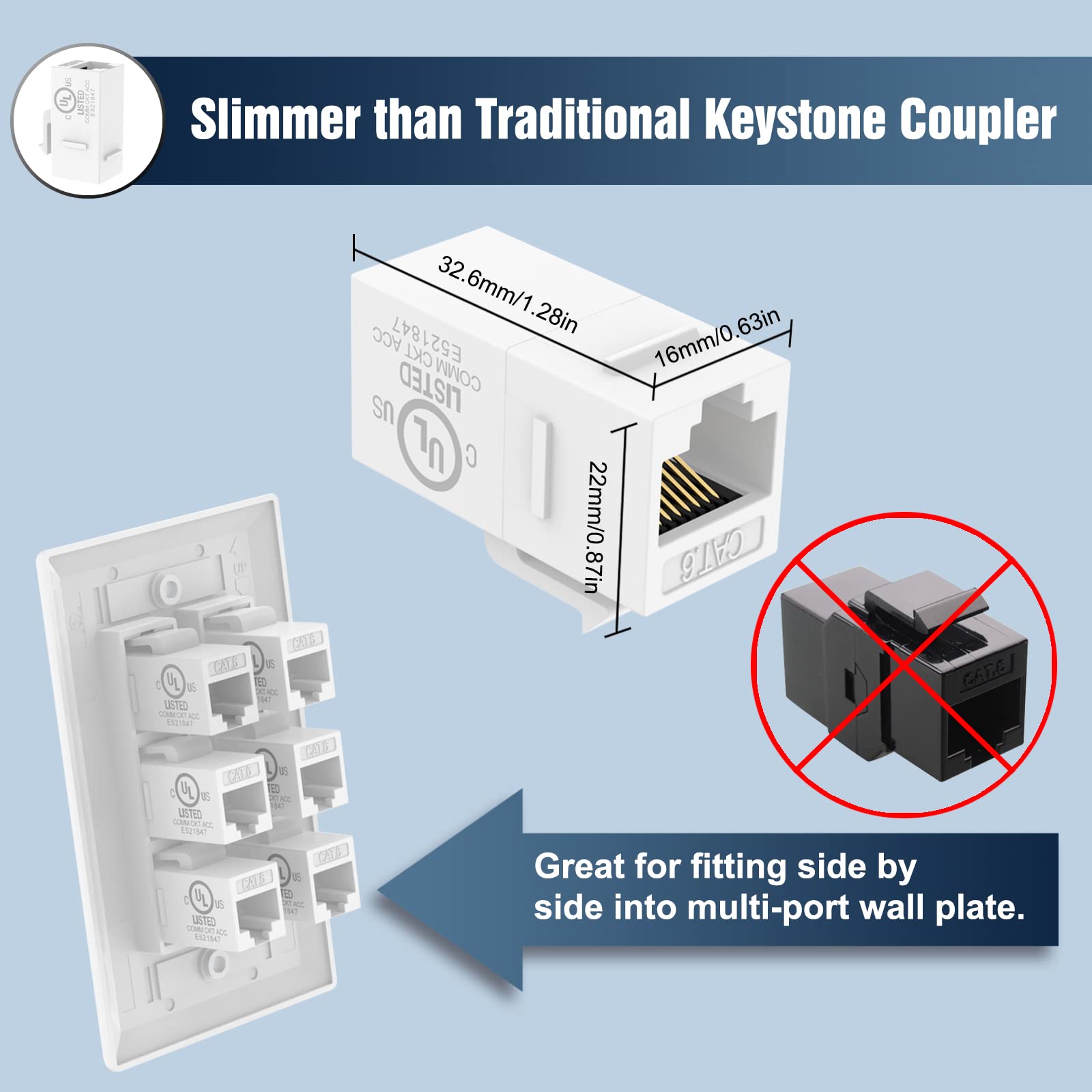 VCE UL Listed 25-Pack RJ45 CAT6 Female to Female Keystone Coupler White 8541696956
