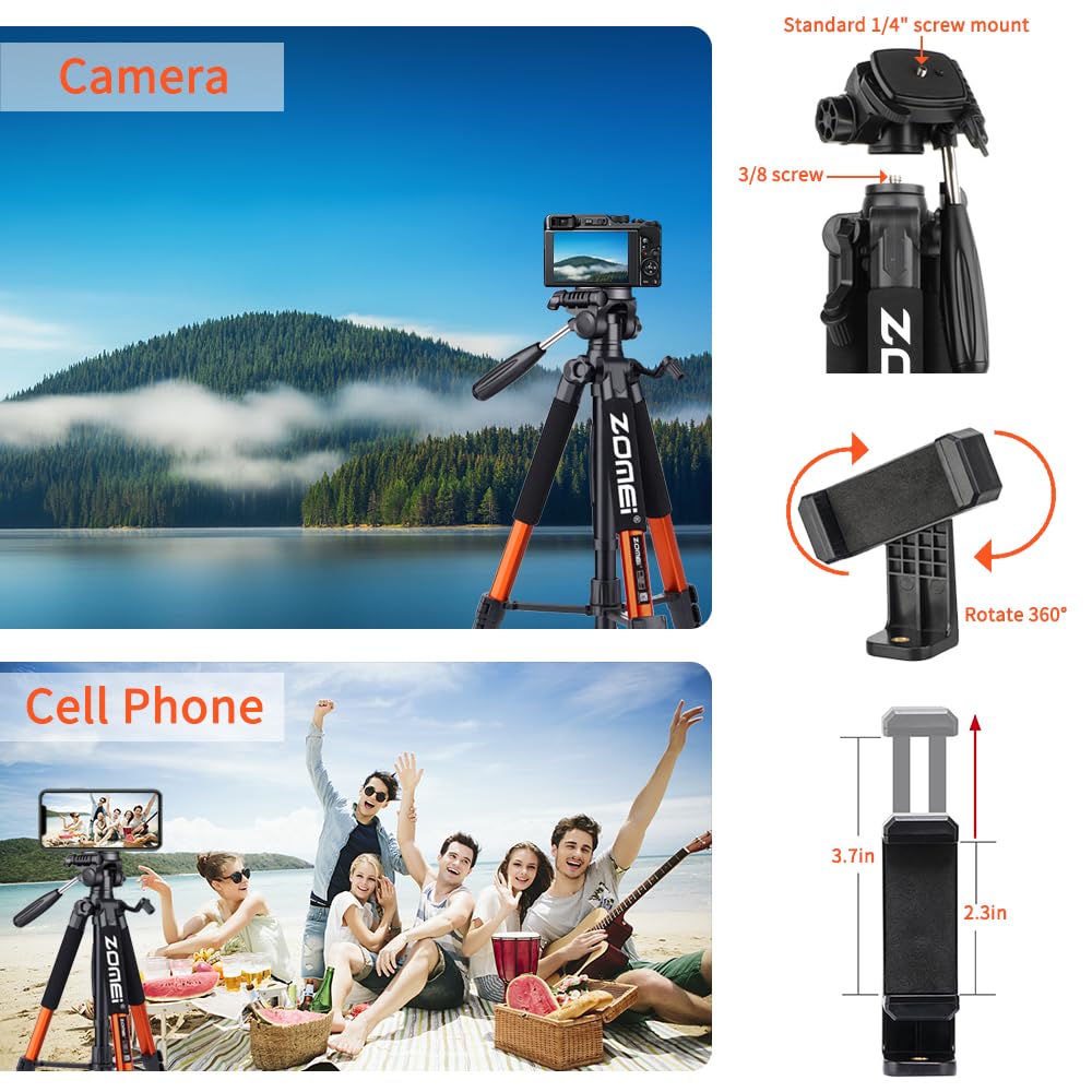 74' Lightweight Camera Tripod Holder For Dslr Slr Camera, Portable Tall Tripod Stand With Carry Bag & Phone Holder(Orange)