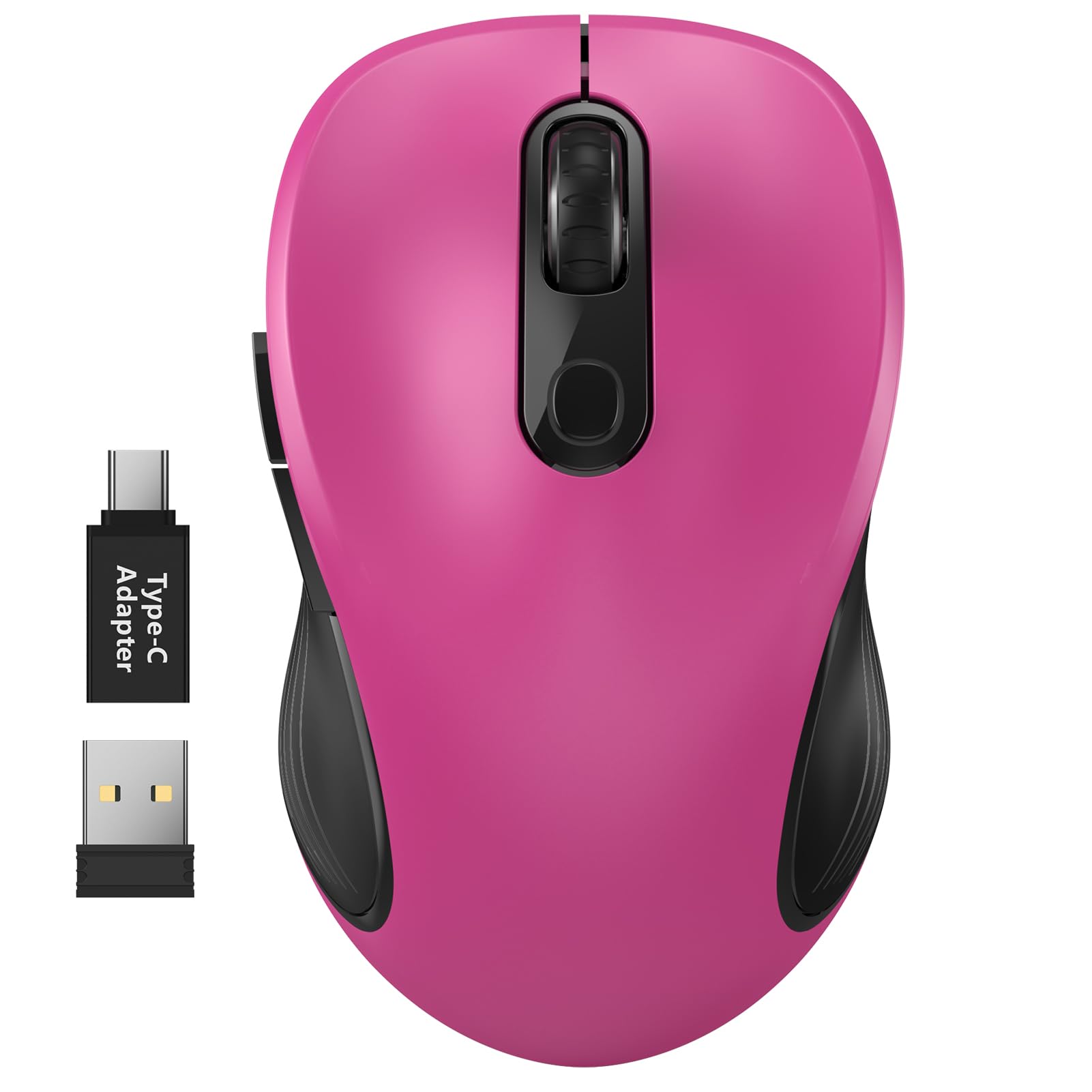 Wisfox 2.4G Wireless Mouse For Laptop, Ergonomic Computer Mouse With Usb Receiver And Type C Adapter, 3 Adjustable Levels, 6 Button Cordless Wireless Mice For Windows Mac Pc Notebook (Fuchsia)