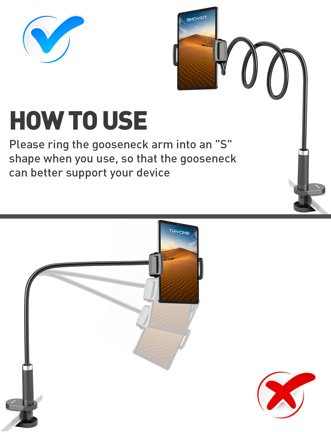 Gooseneck Tablet Holder Stand for Bed: Adjustable 39.4inch Flexible Lazy Arm Tablets Mount Compatible with iPad Pro Air Mini | Galaxy Tab | Kindle Fire | Switch or Other 4.7 12.9' Device