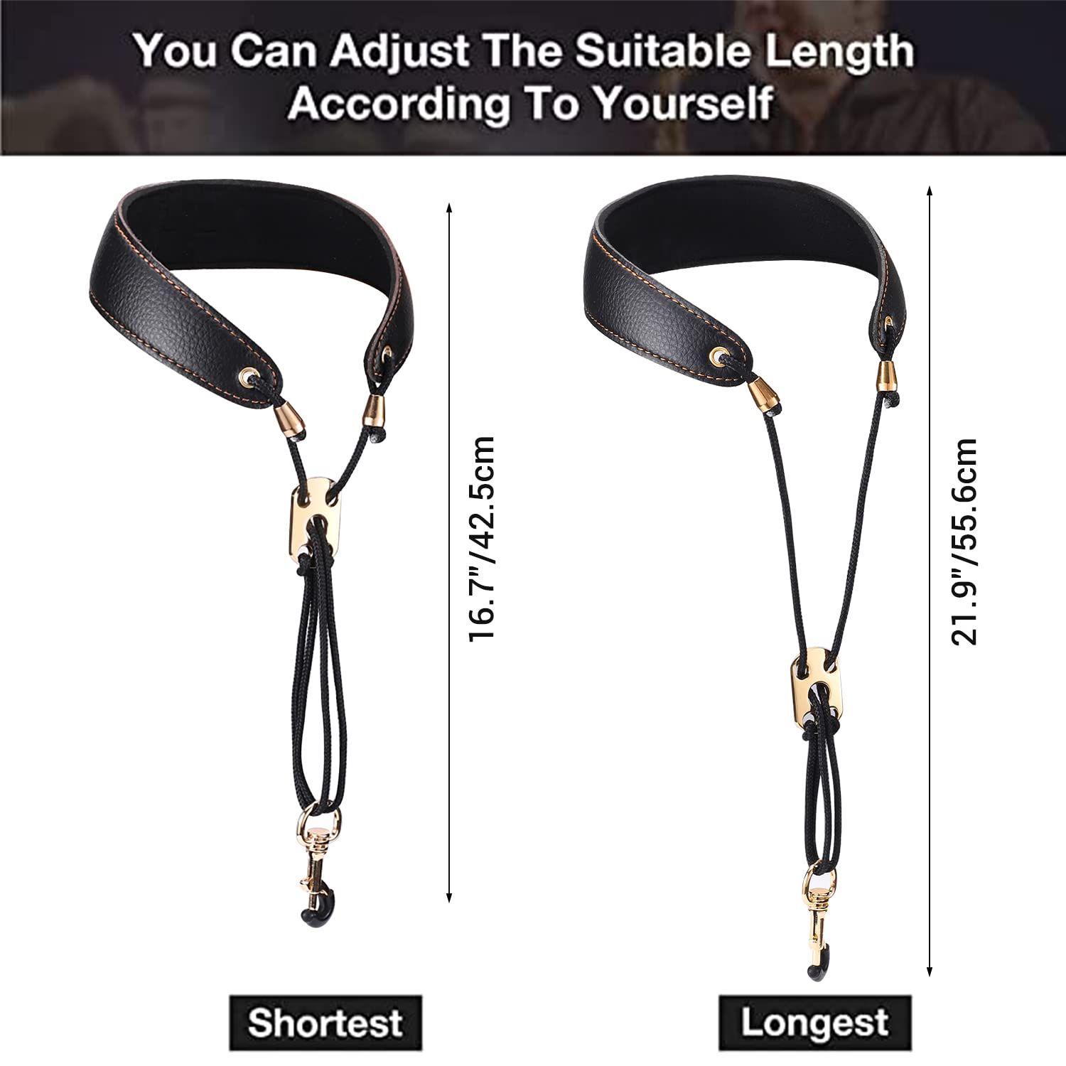 Facmogu Black Leather Sax Neck Strap, Premium Neck Padded Sax Strap For Baritone Alto Tenor Soprano Baritone, Adjustable Saxophone Neck Padded With Protective Metal Buckle