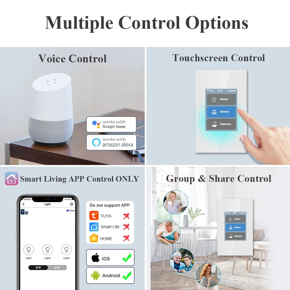 LANBON Smart Light Switch, 3 Gang Wi-Fi, Touch Control, No Dimmer, White, Model L8-HS-SL-W-US, Works with Alexa/Google Home