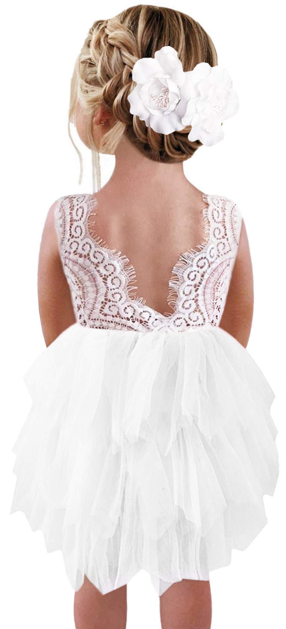 2Bunnies Girl Beaded Peony Lace Back A Line Tiered Tutu Tulle Flower Girl Dress (White Short Sleeveless, 9 10Yrs)