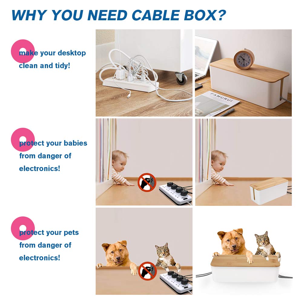 [Set Of Three] Cable Management Box Organizer, Bamboo Lid Large Storage Wires Holder For Home, Office, Desk, Tv, Computer   Grea