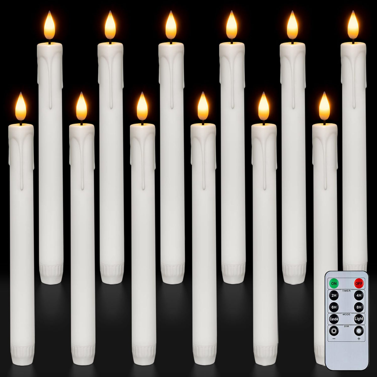Homemory 12 Pcs Plastic Flameless Taper Candles With Remote Timer Dimmer, White Taper Candles Battery Operated With Flickering F