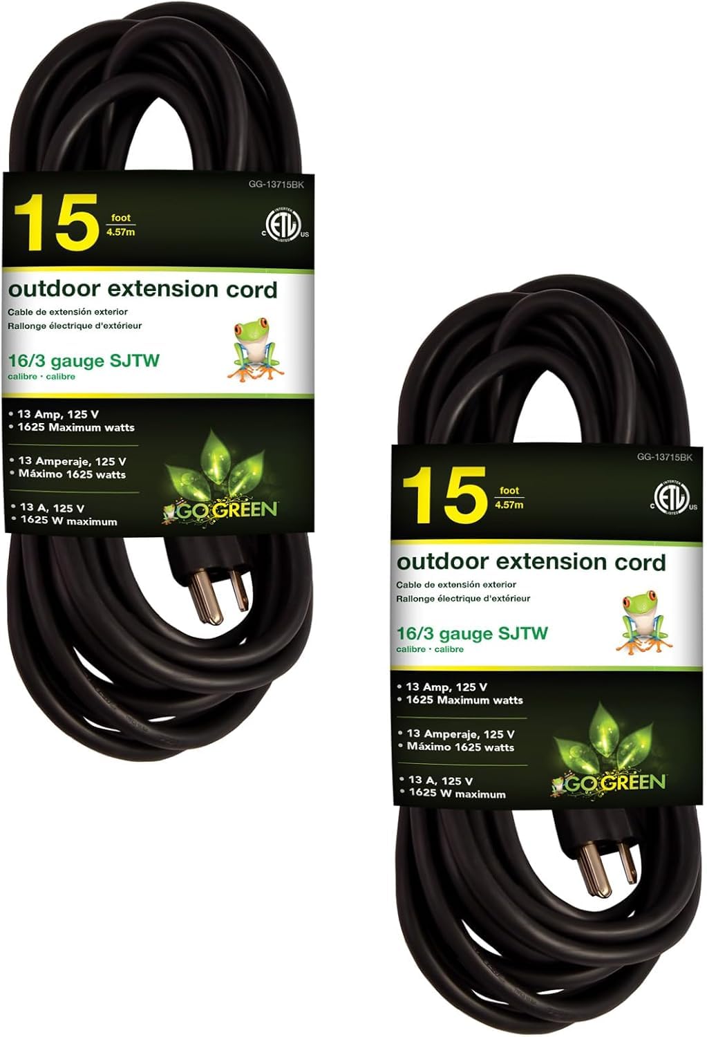 GoGreen Power Inc. (G-13715BK-2) 16/3 15 Heavy Duty Extension Cord - Black, 15ft, 2 Pack