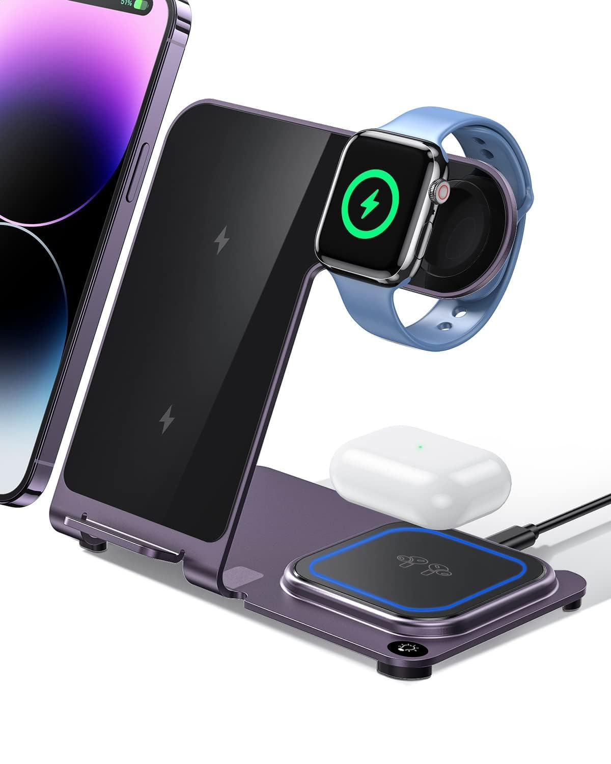 Intoval Charging Station For Apple Iphone/Watch/Airpods, 3 In 1 Wireless Charger For Iphone 15/14/13/12/11/Xs/Xr/Xs/X/8, Iwatch