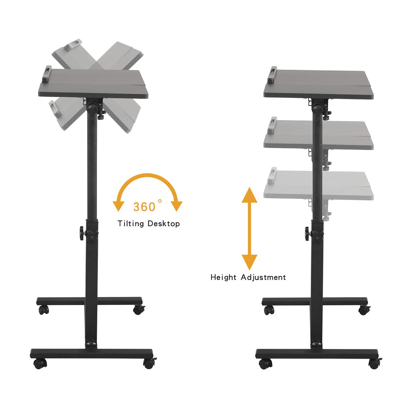 TigerDad Mobile Rolling Laptop Stand - Tilting Overbed Table, Height Adjustable, Black, Model 0203, E1 Grade MFD + Steel Tube Construction