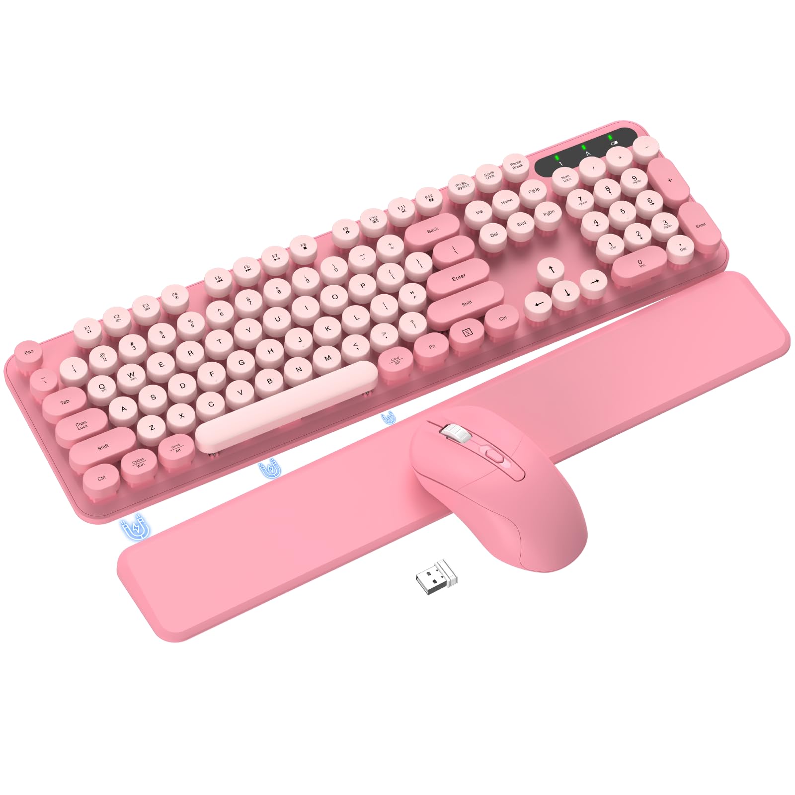 Pink Wireless Keyboard and Mouse Combo, Magnetic Wrist Rest, Round Keycap
