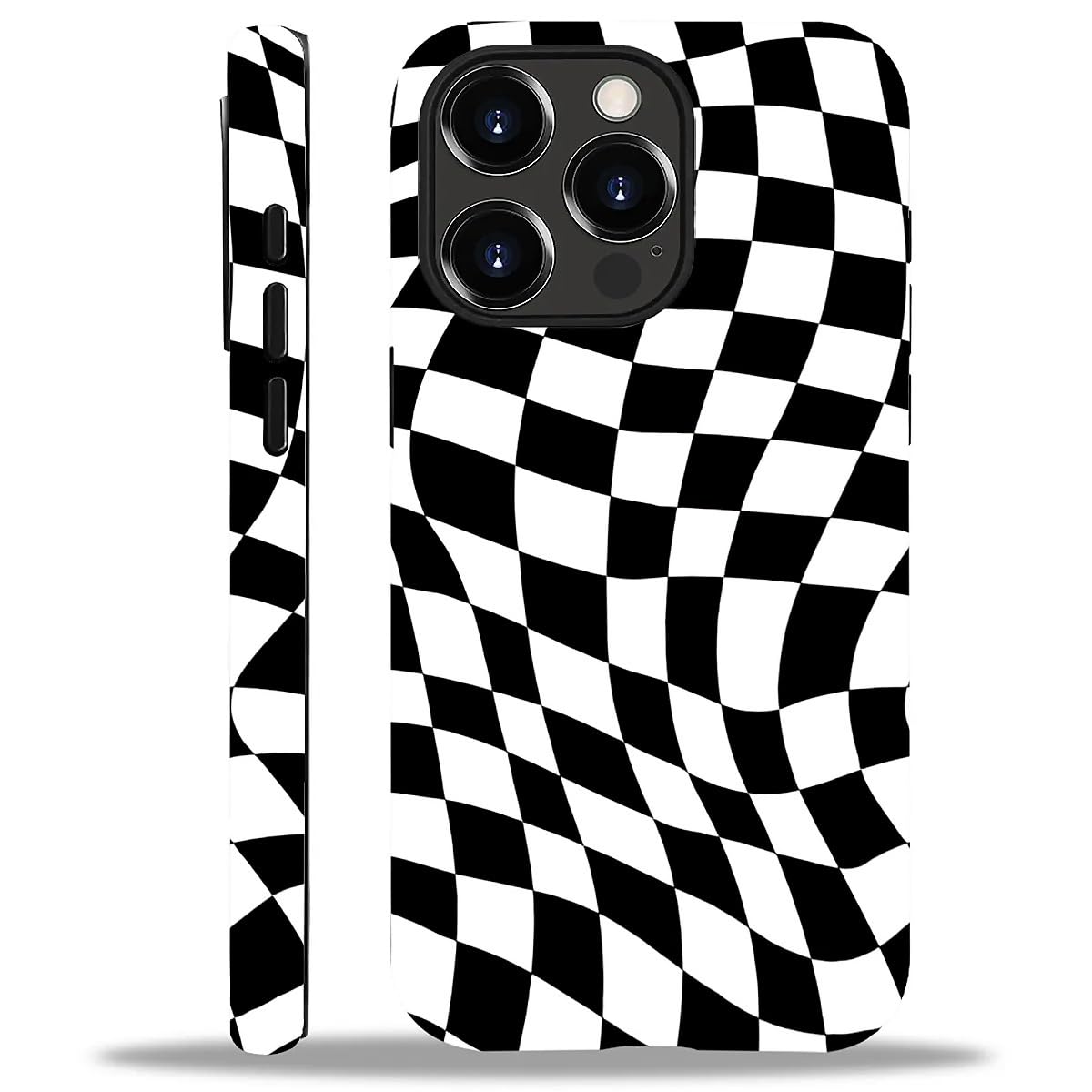 WANKBLC Compatible with iPhone 14 Pro Max Matte Case, Twisted Black White Checkered Pattern for Girl Full Body Design Soft Silic