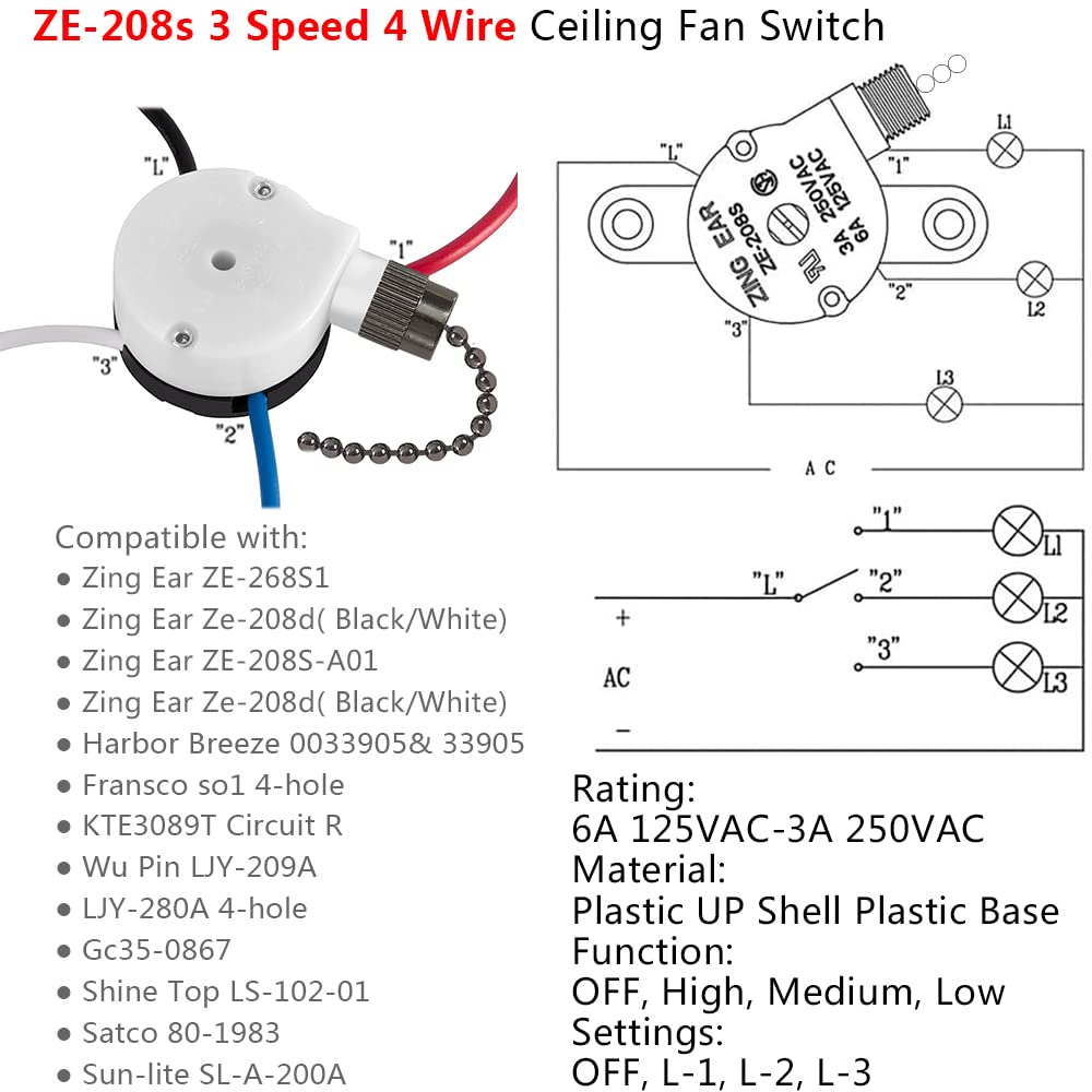 With 4 Pre Installed Wires Ceiling Fan Switch, 3 Speed Fan Switch Compatible With Hunter Fan Switch Replacement, Black