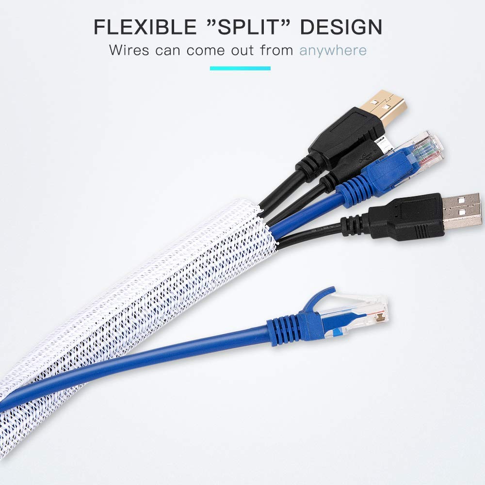 Agptek White Cable Sleeve Cover, 6.6Ft   2/3 Inch Cord Management Wire Organizer Under Desk, Home Office Computer Wire Cover Hid