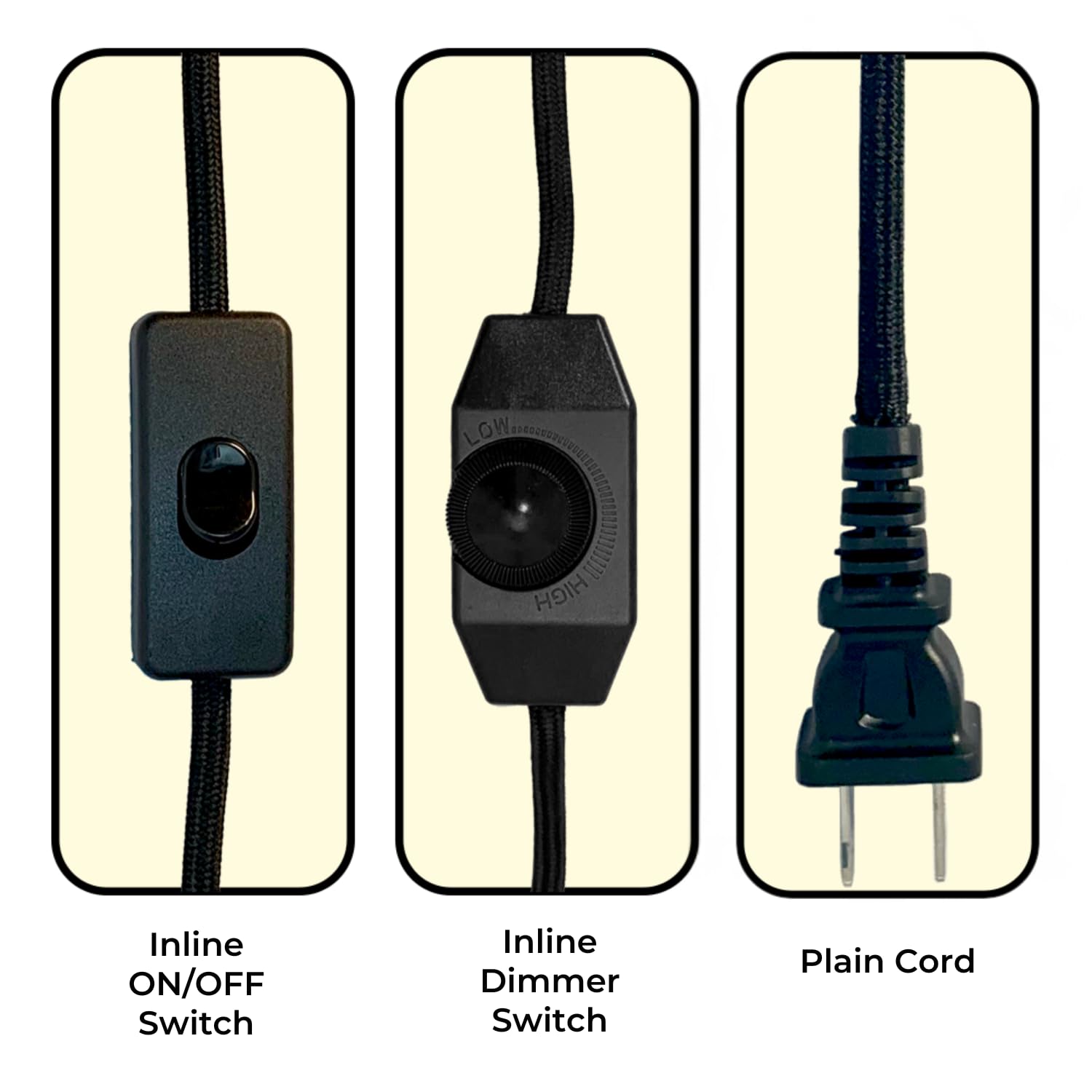 Royal Designs, Inc Co 5001D Blk 8 2 Royal Designs Lamp Cord Molded Plug With Rotary Dimmer Switch, Stripped Ends Ready For Wirin