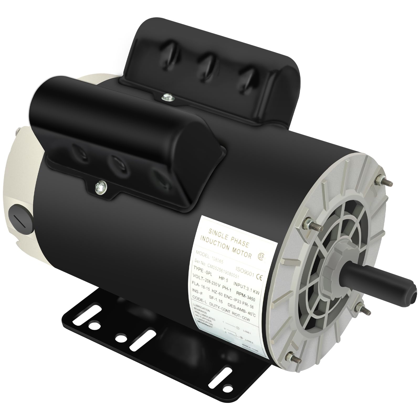 Air Compressor Motor, 5 HP SPL Single Phase Electric Motor 3450RPM 56 Frame 208-230V 5/8 Shaft Diameter ODP CCW Rolled Steel She