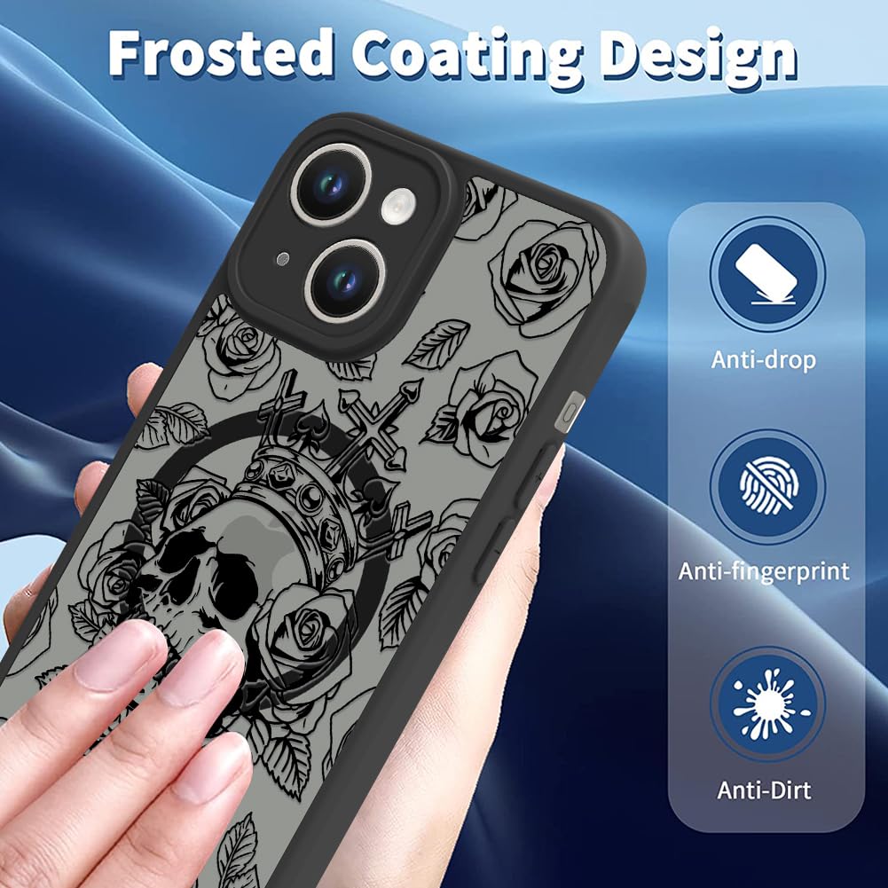 Ook Magnetic For Iphone 14 Case Black Skull Flower [Compatible With Magsafe] Slim Translucent Matte Camera Lens Protection Case