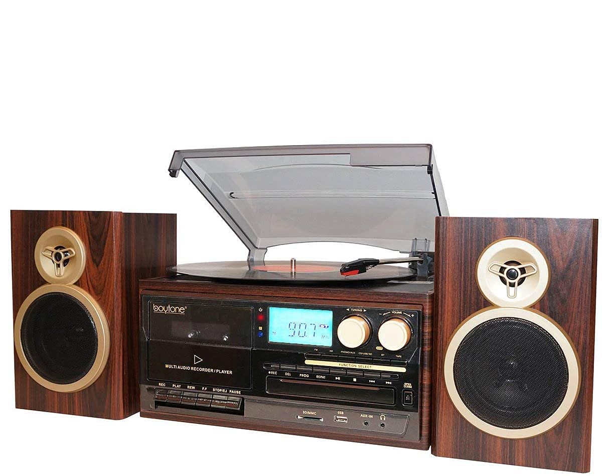 Boytone Bt 28Spm, Bluetooth Classic Style Record Player Turntable With Am/Fm Radio, Cd / Cassette Player, 2 Separate Stereo Spea