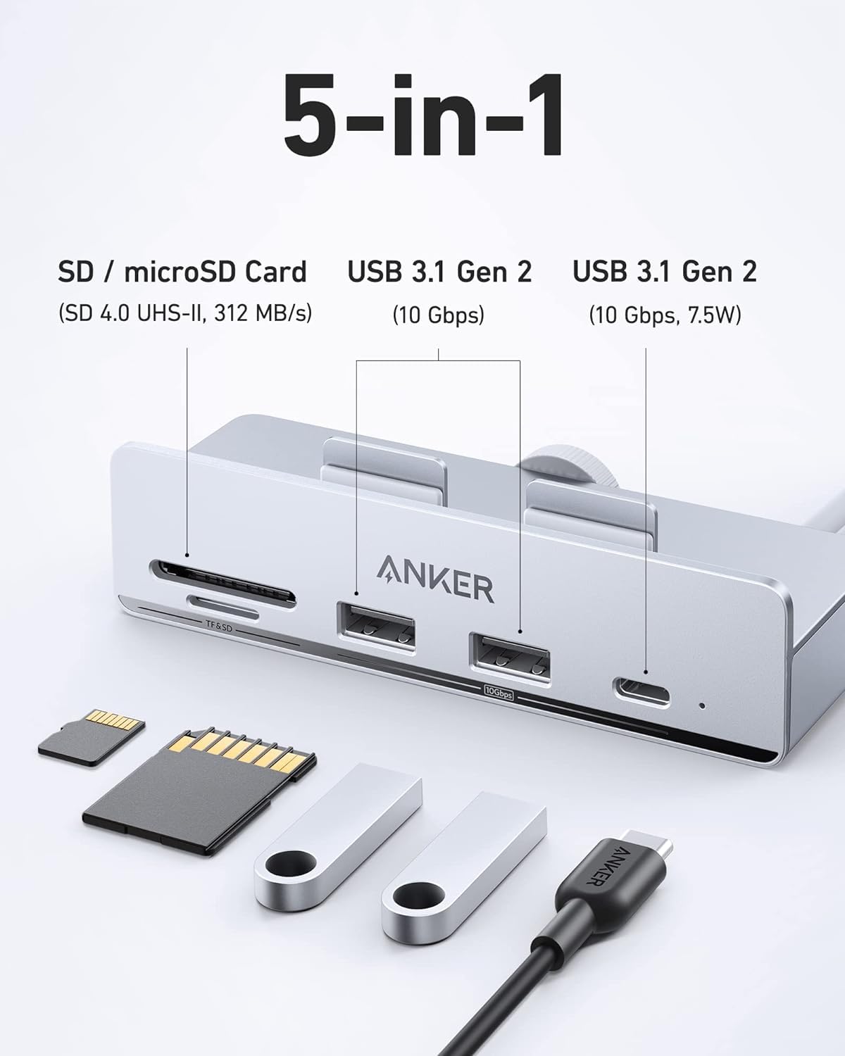 Anker 535 Usb C Hub (5 In 1), With 2 Usb A 10 Gbps Data Ports, Usb C 10 Gbps Port, Sd And Microsd Card Reader, For Imac Pro / Im