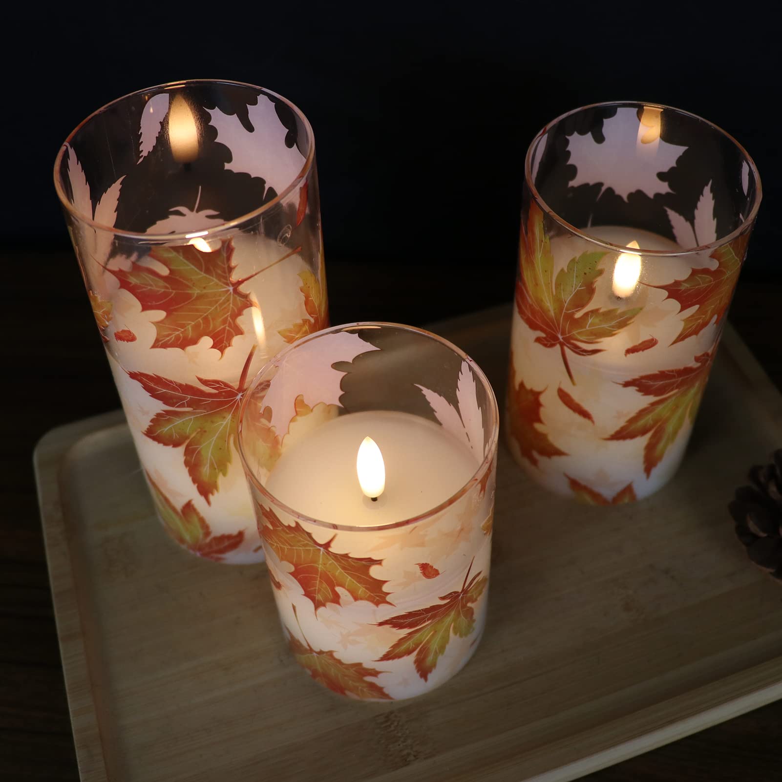 Genswin Glass Maple Leaf Flameless Candles With Remote Timers, Battery Operated Led Flickering Candles, Real Wax Pillar Candles