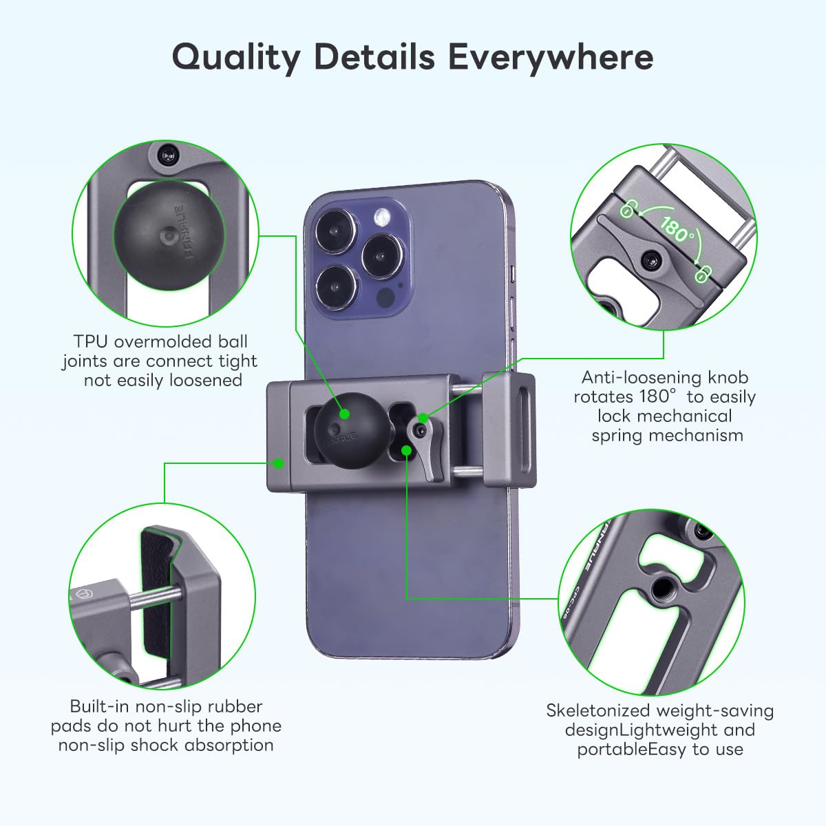 Fanaue Aluminum Phone Holder With 1'' Ball Head Adapter Compatible With Ram Mounts B Size Double Socket Arm & Bike Motorcycle Ph