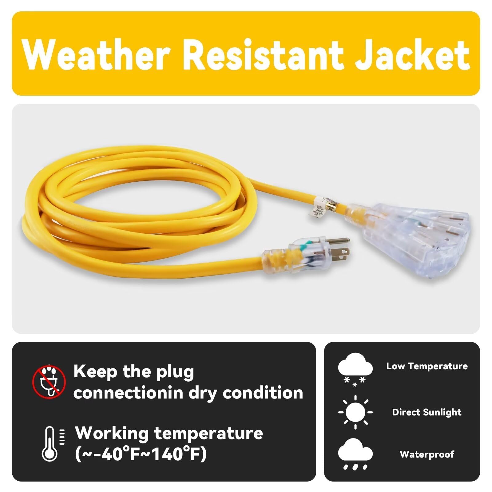 Ep 25 Ft 12 Gauge Heavy Duty Extension Cord, 15A 125V 1875W, 3 Outlet Indoor/Outdoor Power Cord With Lighted End, 12/3 Sjtw Weat