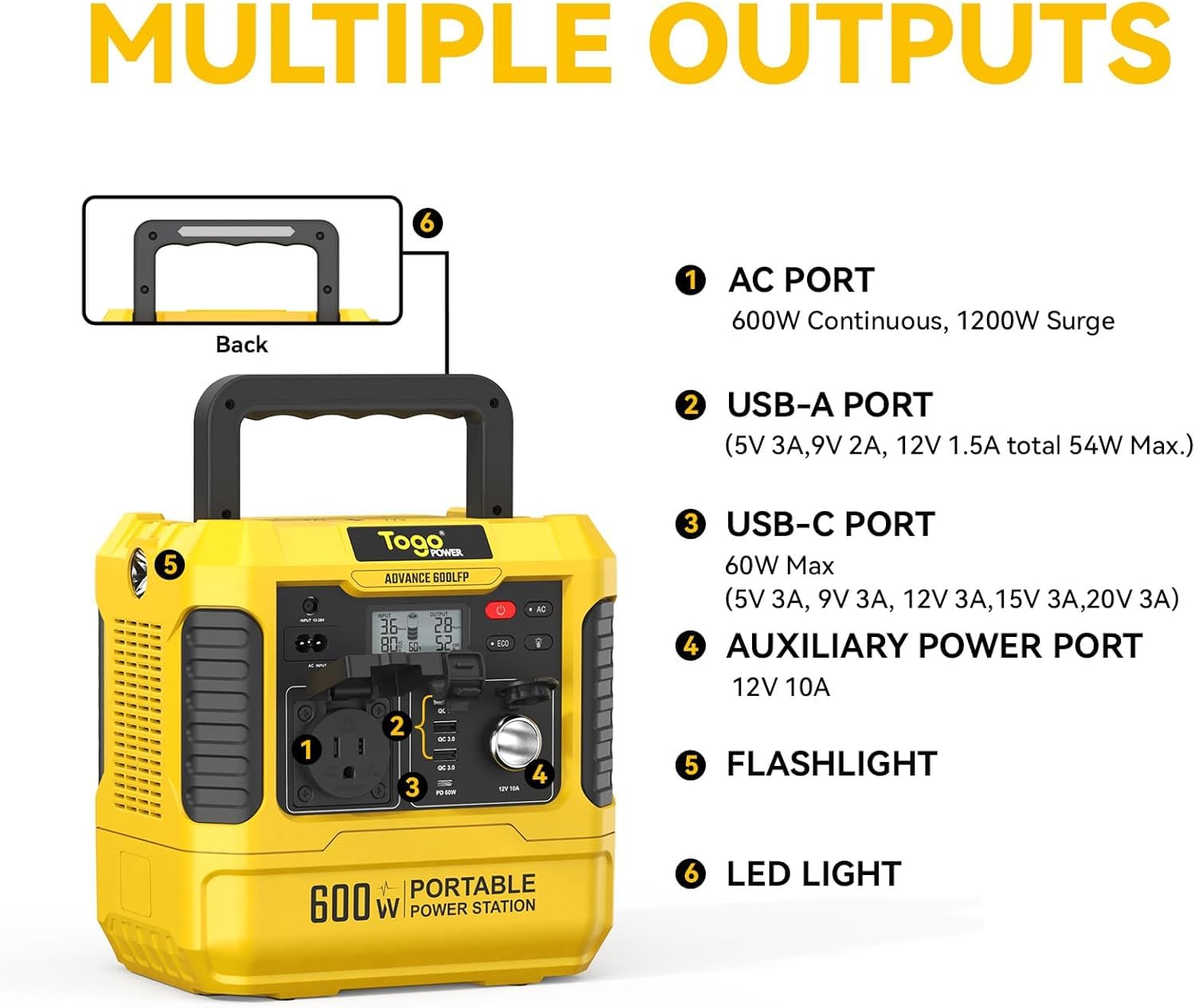 Togo Power Portable Power Station Advance600-560Wh Lifepo4 Battery 600W Ac Outlet (Peak 1200W) - 0-80% In 60 Mins - Power Backup