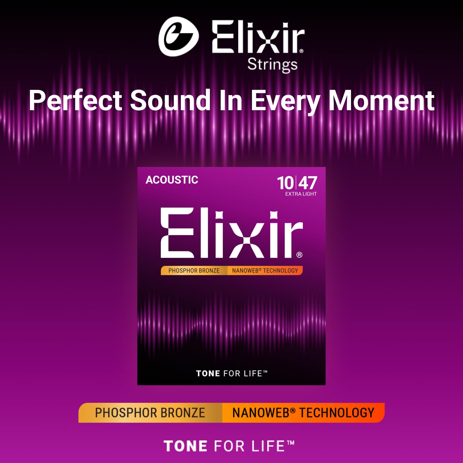 Elixir Strings Phosphor Bronze Acoustic Guitar Strings W Nanoweb Coating, Extra Light (.010 .047)