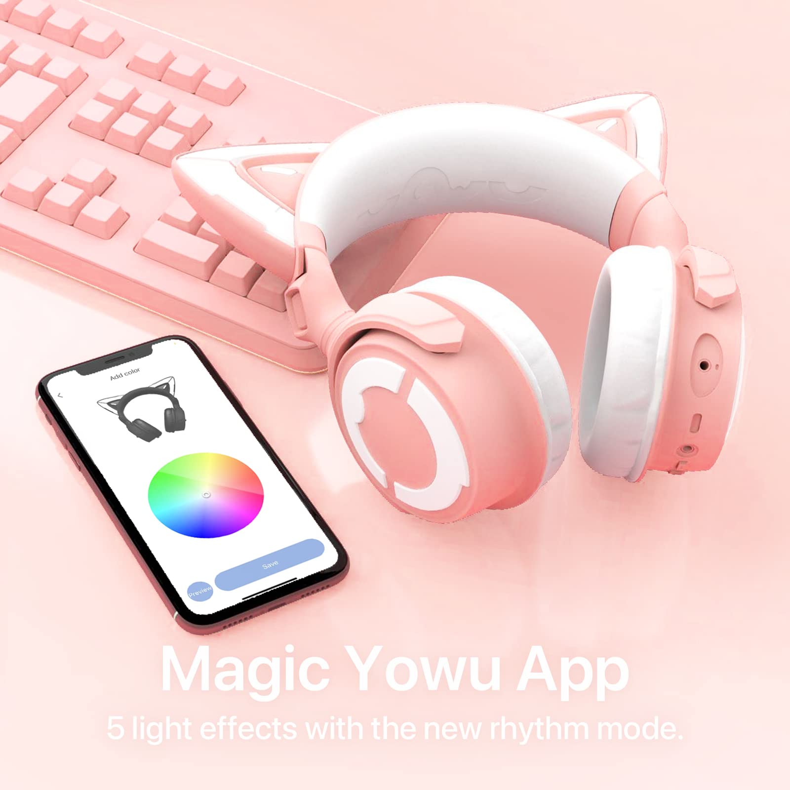 Yowu Rgb Cat Ear Headphone 4, Upgraded Wireless & Wired Gaming Headset With Attachable Hd Microphone  Active Noise Reduction, Du