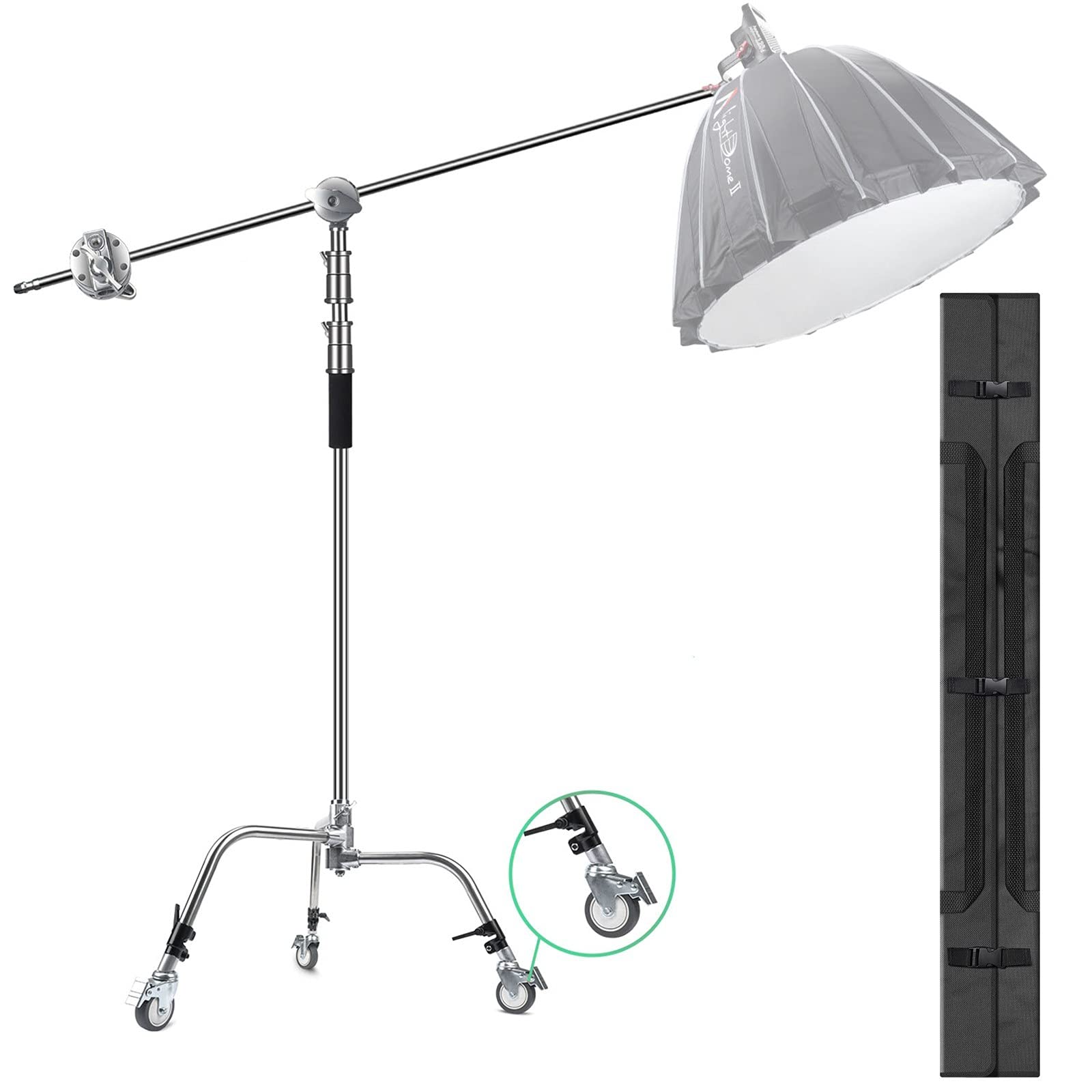 Eachshot C Stand Metal With Bag Wheel Max 10.8Ft/330Cm With 106Cm Holding Arm 2 Pieces Grip Head For Godox Ad400 Pro Ad600 Pro A