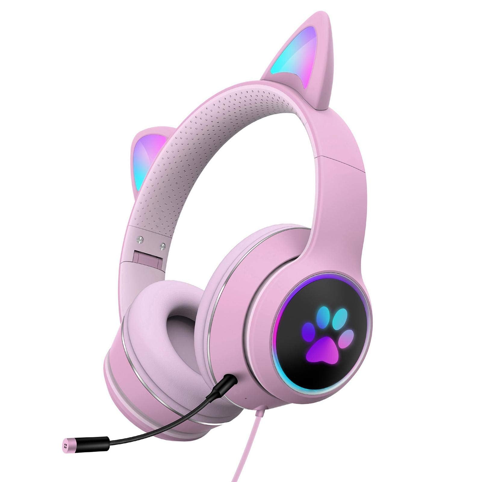 Cat Ear Gaming Headset with RGB LED Light Microphone Stereo Sound Glowing Noise Canceling Game Headphones 3.5mm Wired Over-Ear H