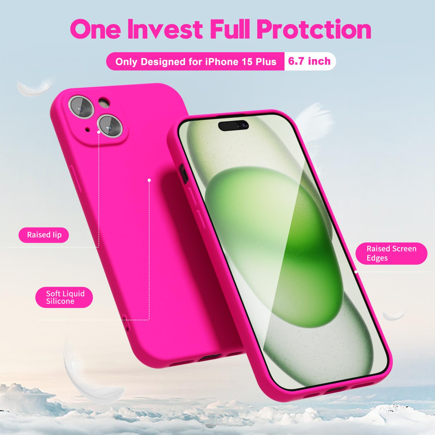 Oakxco For Iphone 15 Plus Phone Case Liquid Silicone, Neon Bright Solid Color, Thin Slim Soft Rubber Gel Matte Tpu Plain Simple