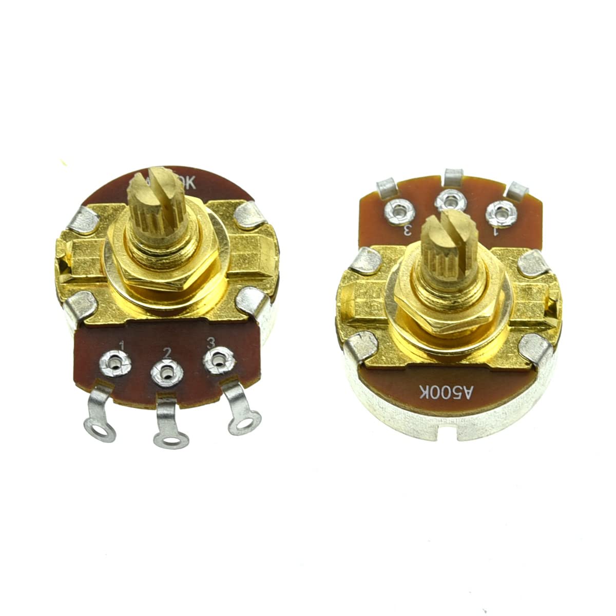 Kaish Pack Of 2 Full Size Metric Guitar Bass Pots With 15Mm Short Brass Shaft Audio Taper Or Linear Taper Potentiometers A500K
