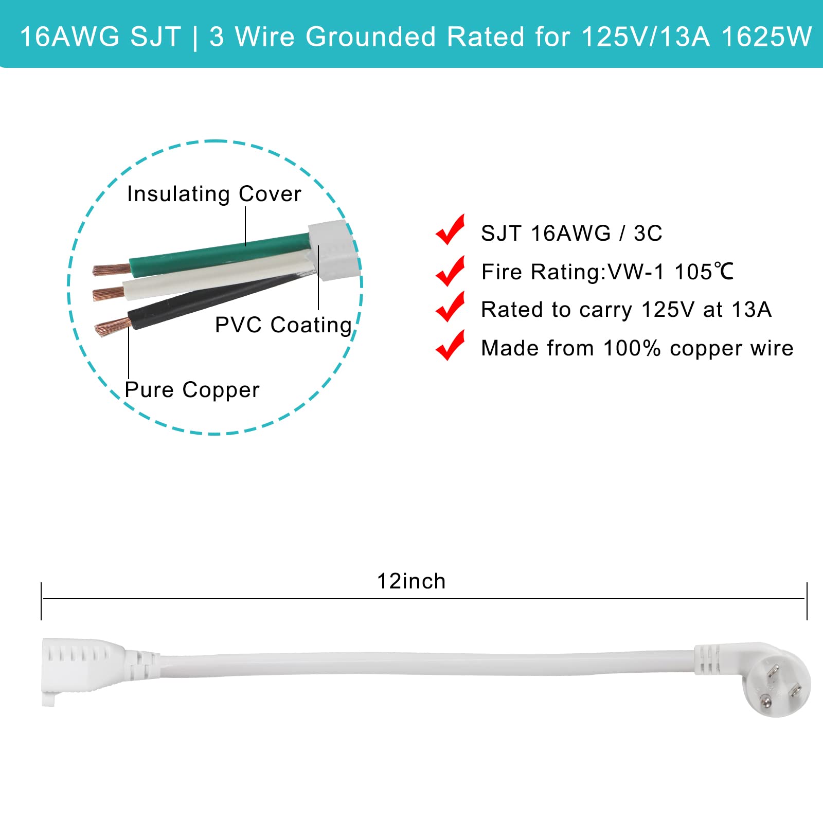 Short Flat Plug Extension Cord 1 Foot  Low Profile Right Angle Flat Plug 1Ft Indoor Ac Extension Cord White Short 3 Prong Ground