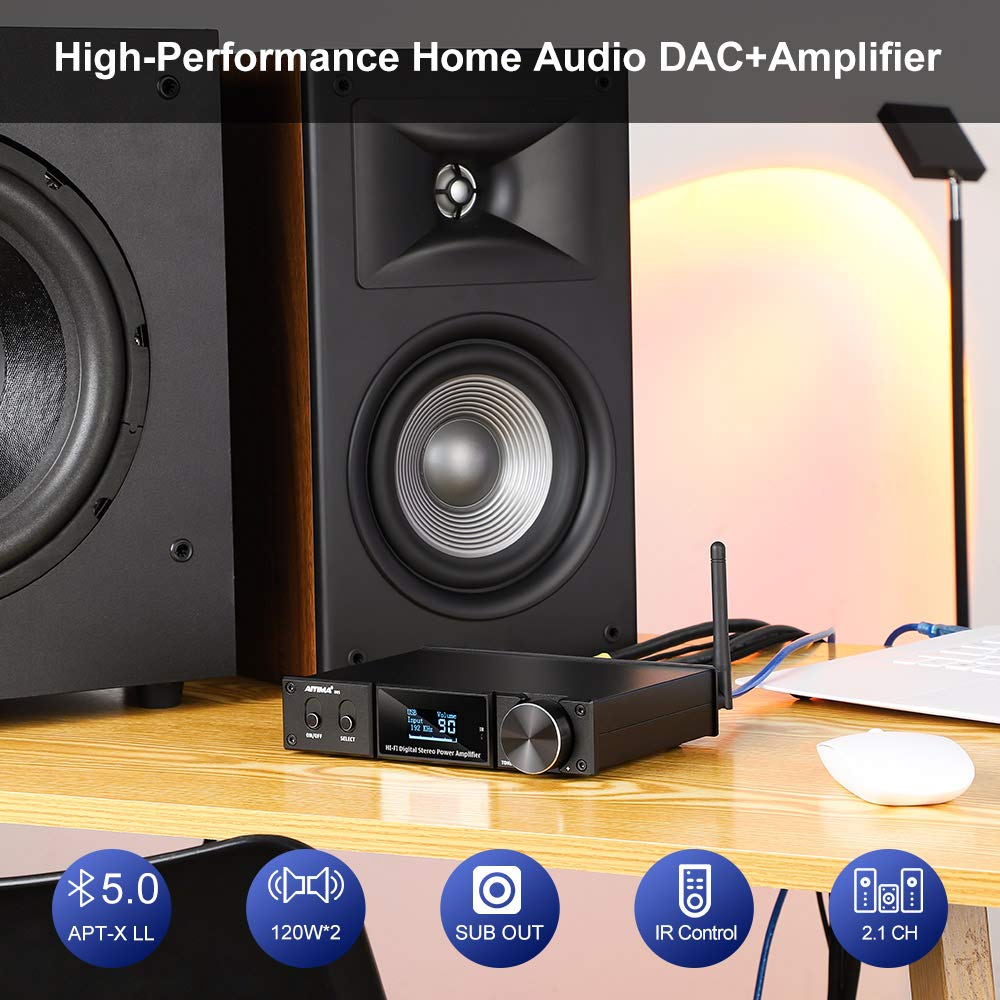 Aiyima D05 Bluetooth 5.0 Power Amplifier 120Wx2 Stereo Hifi 2.1 Ch Digital Sound Amplificador 24Bit/192Khz Class D Amp Usb Dac Coaxial Optical Oled Aptx, Support Subwoofer & With Remote (D05)