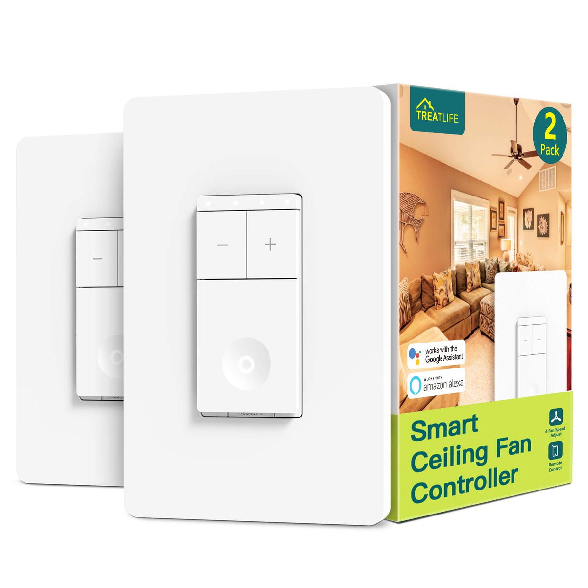 Treatlife Smart Ceiling Fan Control 2Pack, 4 Speed Fan Switch For Ceiling Fan, Neutral Wire Required, Compatible With Alexa And