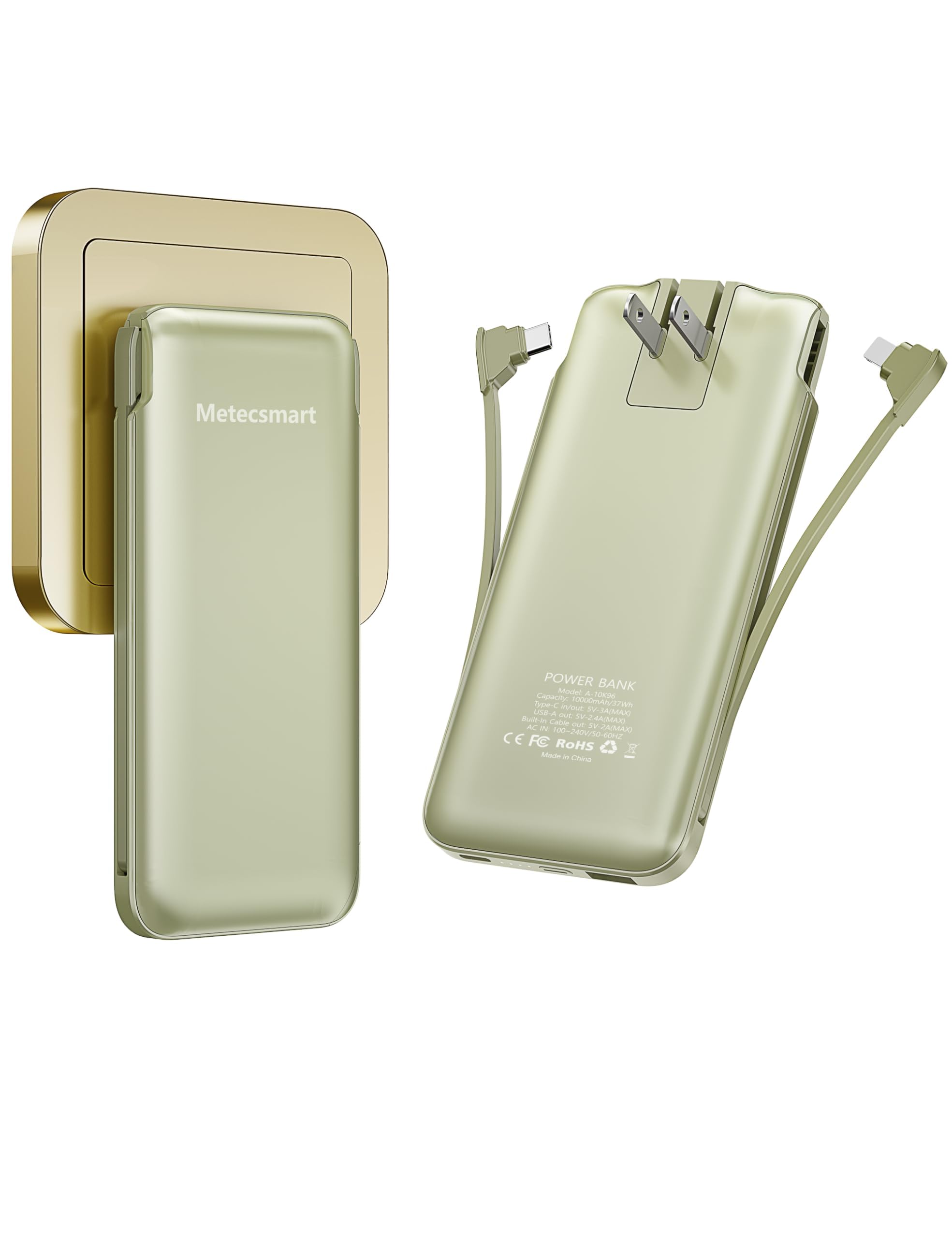 Metecsmart Portable Charger Power Bank With Built In Cable And Ac Wall Plug, 10000Mah Fast Usb C Phone Charger, Slim Thin Mini C