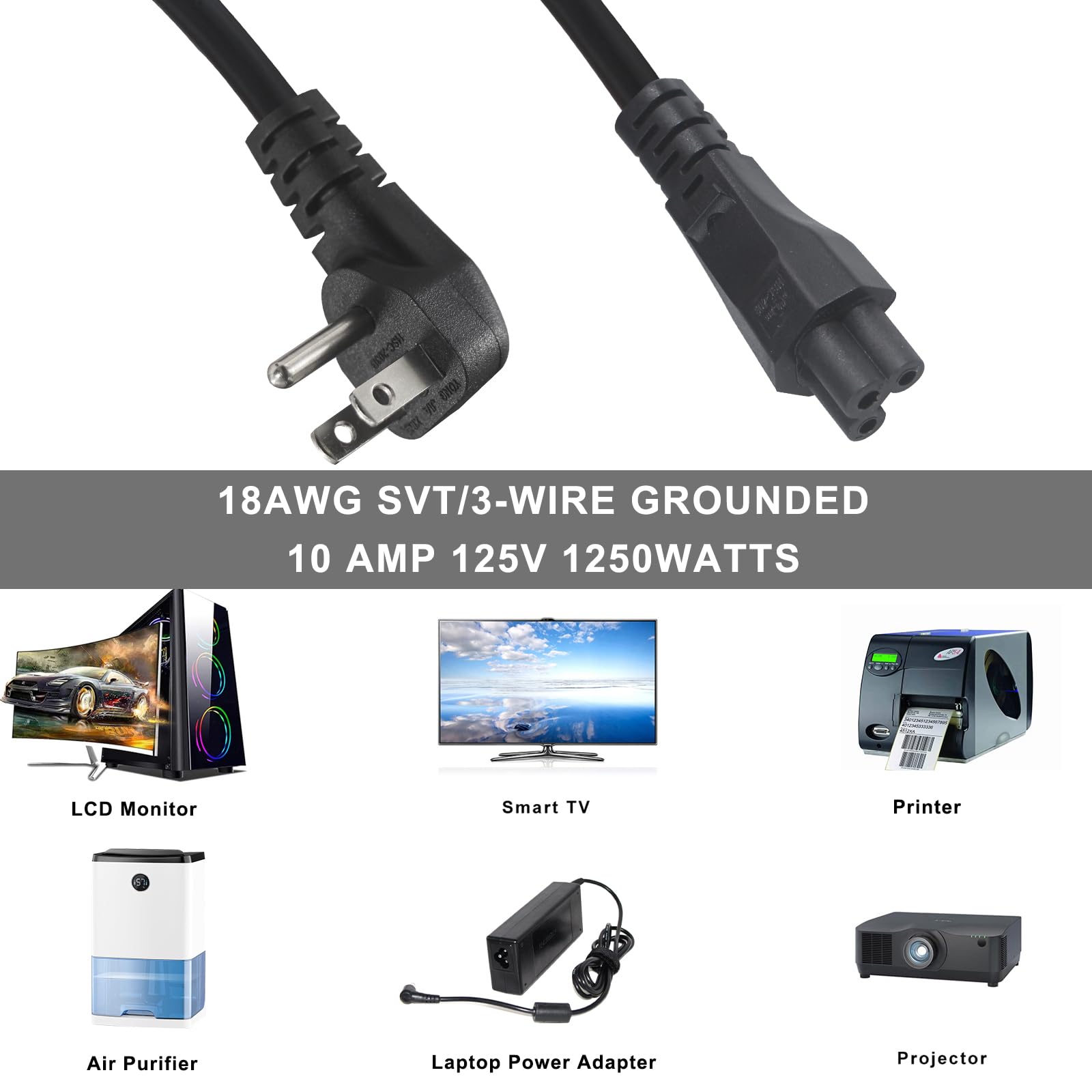 Us Standard Laptop Power Cord   2Ft 18Awg 90 Degree Flat Plug Nema 5 15P To Iec 60320 C5, Universal 3 Prong Ac Power Cable Repla