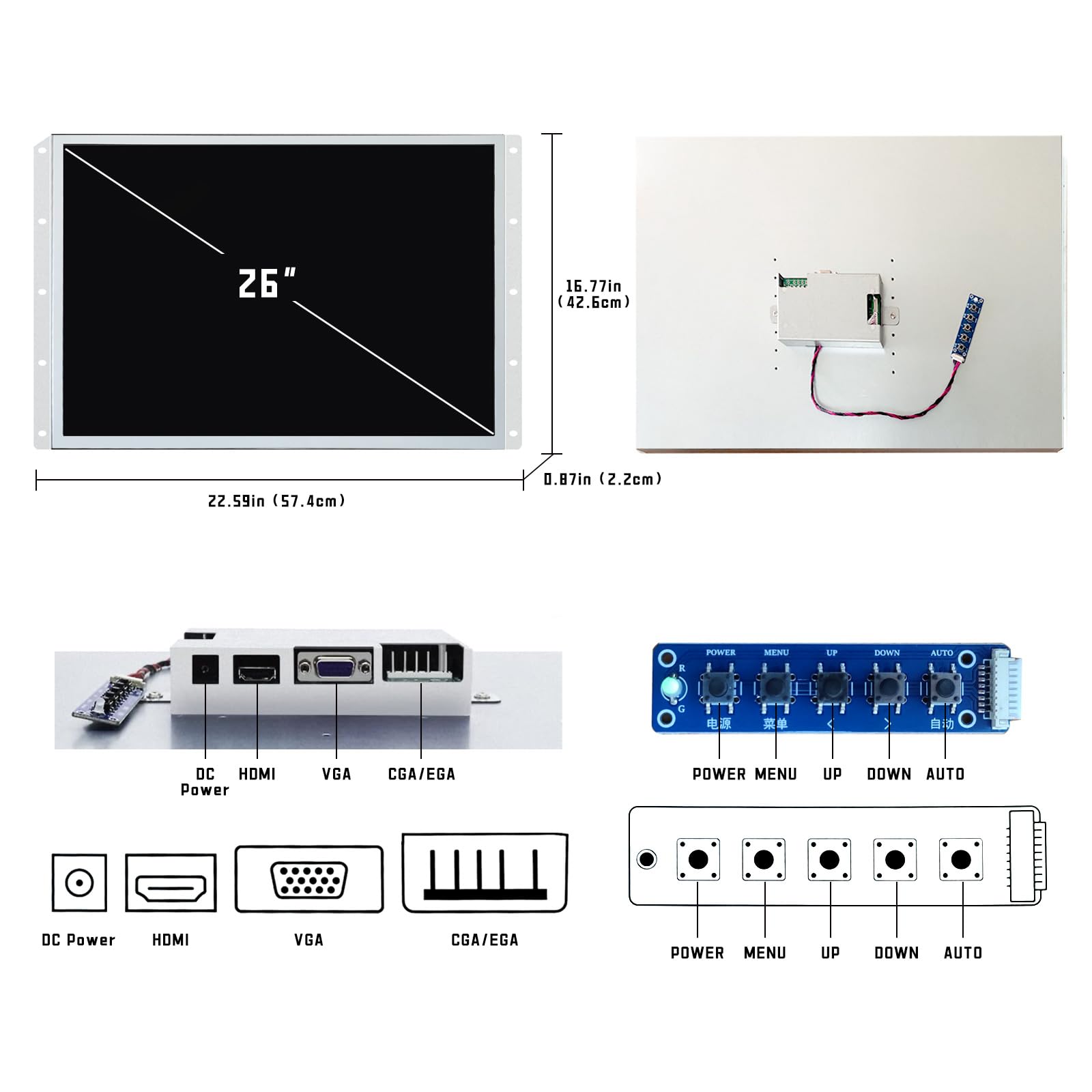 Unico 26 Inch Arcade Monitor, 4:3 Ratio Lcd Gaming Monitor For Hdmi/Vga/Cga/Ega Arcade Machine, Easy Install Monitor Arcade Acce
