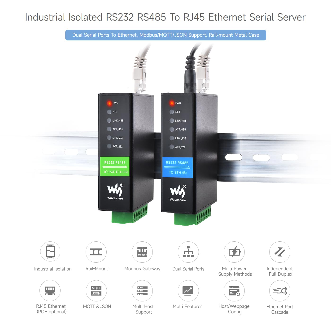 Waveshare Rs232 Rs485 To Rj45 Ethernet Serial Server, Rs232 And Rs485 Dual Channels Independent Operation, Dual Ethernet Ports,