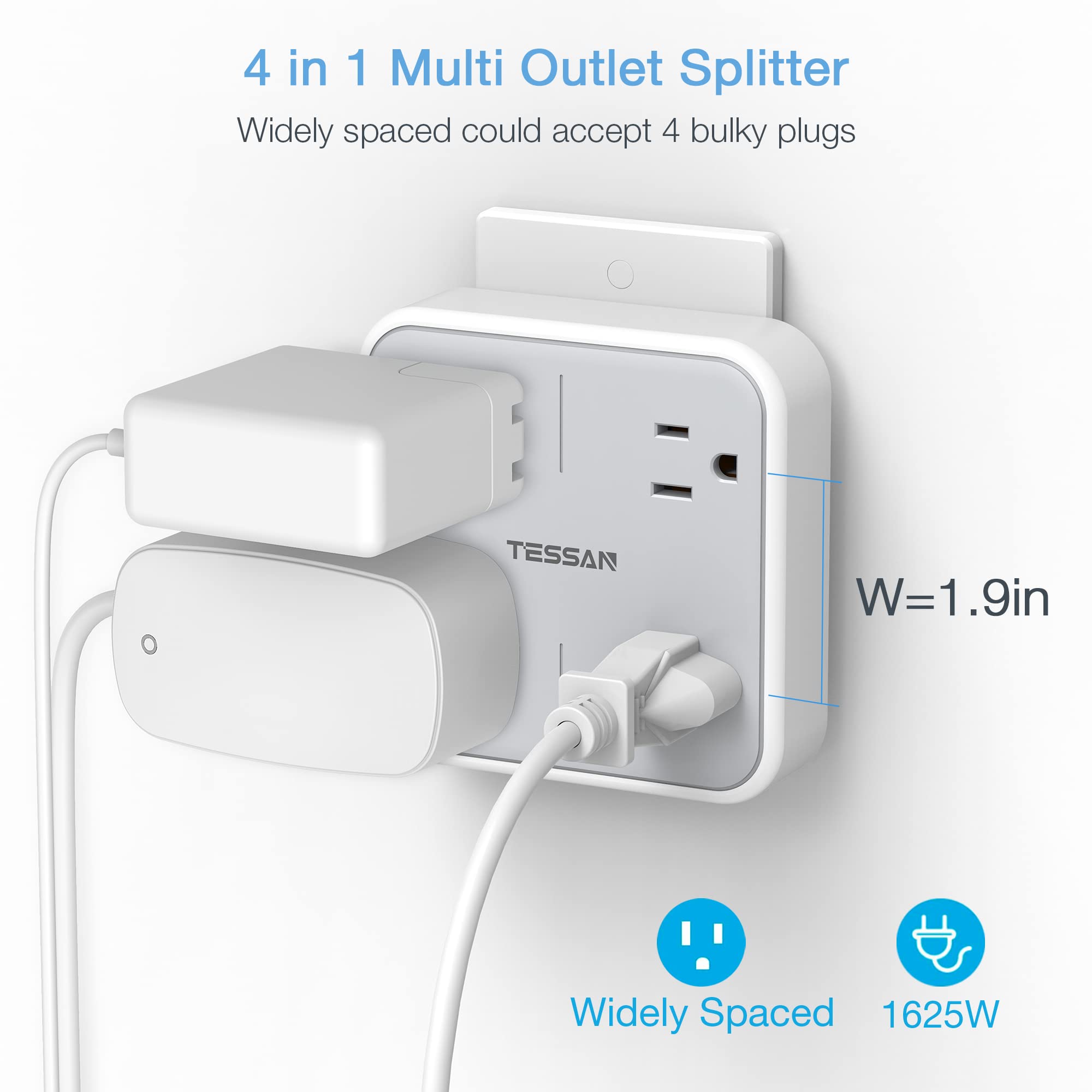 Multi Plug Outlet Splitter, Tessan Widely Spaced Outlet Extender With 4 Electrical Outlets, Multiple Outlet Wall Plug Expander S