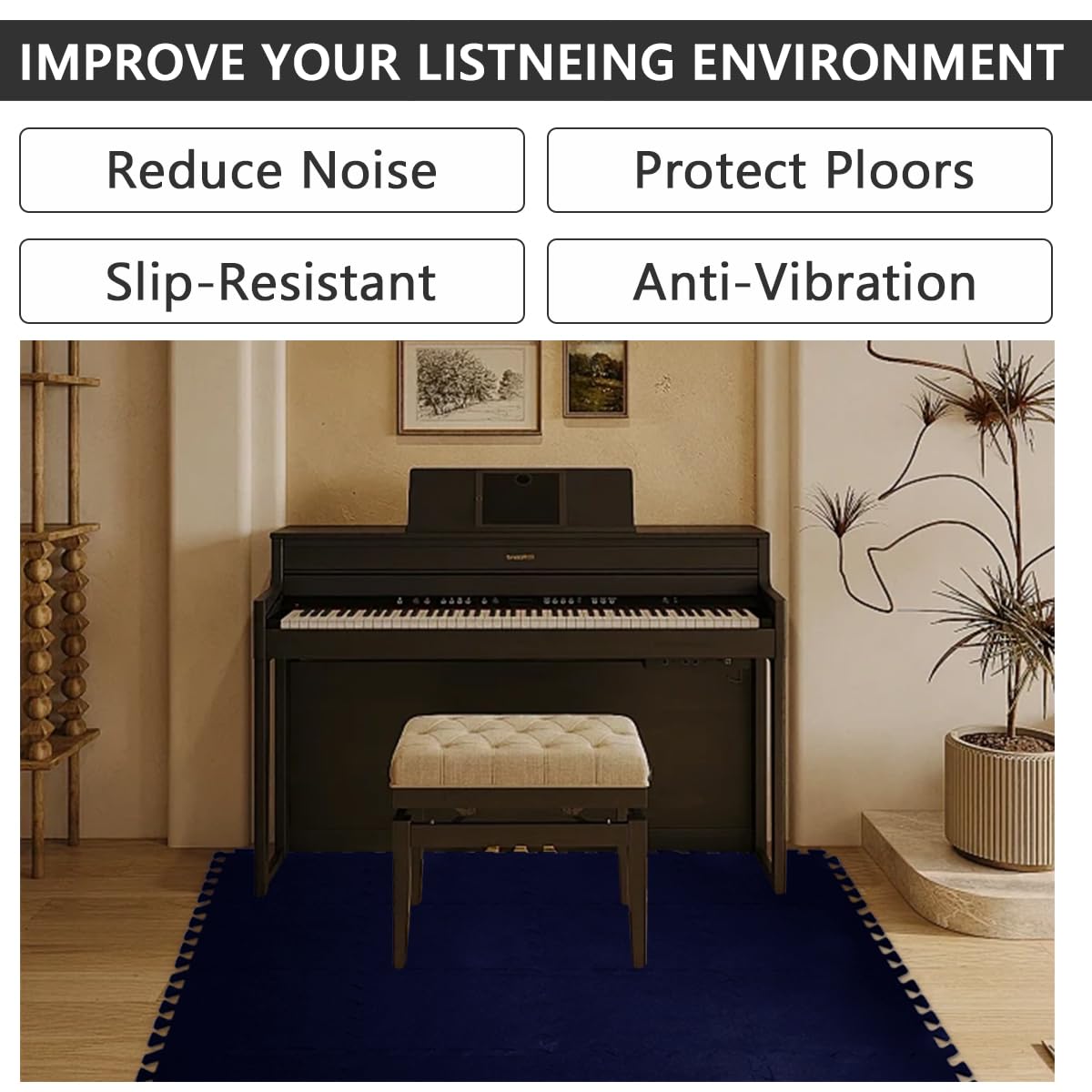 Thick Sound Absorbing Interlocking Floor Mats, High Density Piano Carpet Drum Rug, Non-Slip Anti Vibration Soundproof Pads Acous