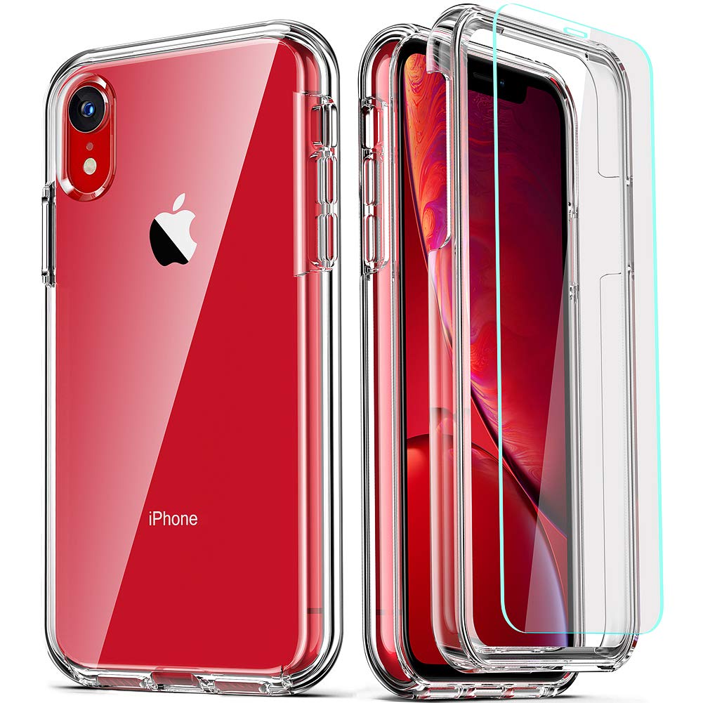 COOLQO Compatible for iPhone XR Case, with [2 x Tempered Glass Screen Protector] Clear 360 Full Body Coverage Hard PC+Soft Silic