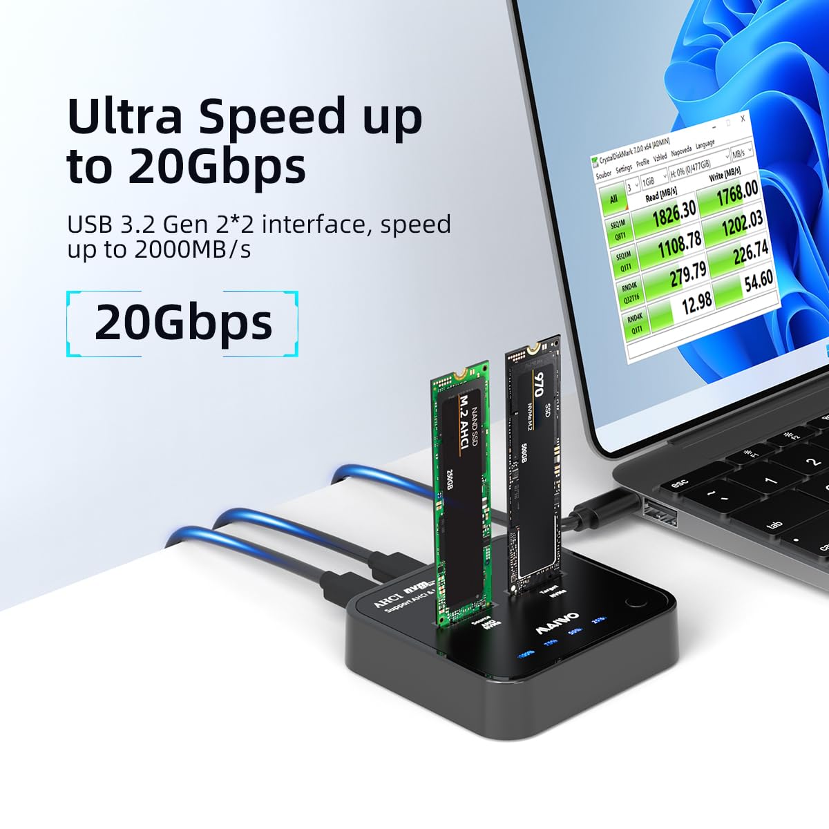 Maiwo M.2 Nvme/Ahci Dual Bay Hard Drive Docking Station Duplicator,20Gbps Tool Free M.2 Cloner Dock,8Tb Support M.2 Nvme Max 20Gbps Read&Write&Clone (M.2 Ahci/Nvme Cloner Dock)