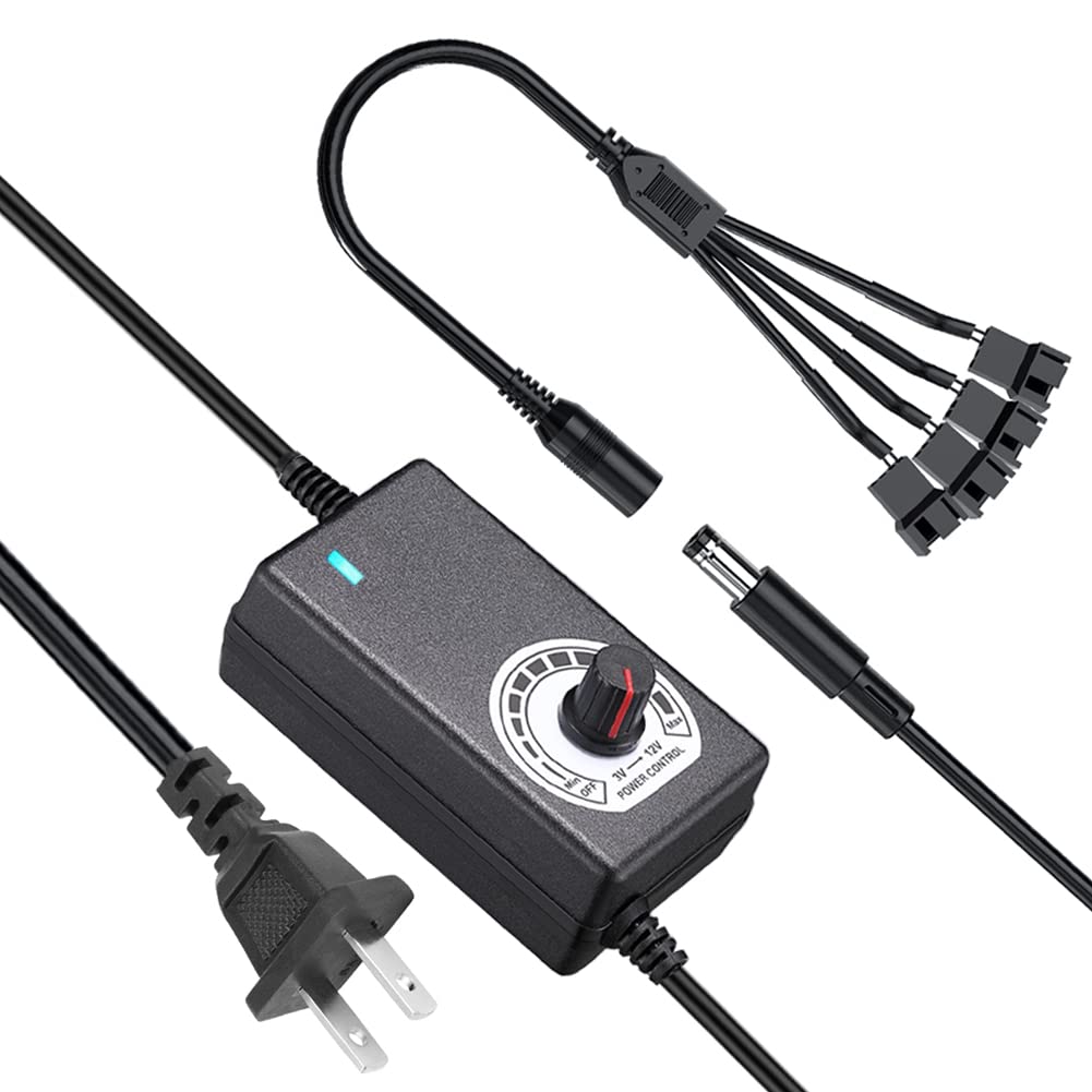 Delinx 36W 12V PC Fan Power Supply,4 Cooling Fan Speed Controller,100-240vAC to 3-12vDC Adjustable 3A Power Adapter,with Fan Spl